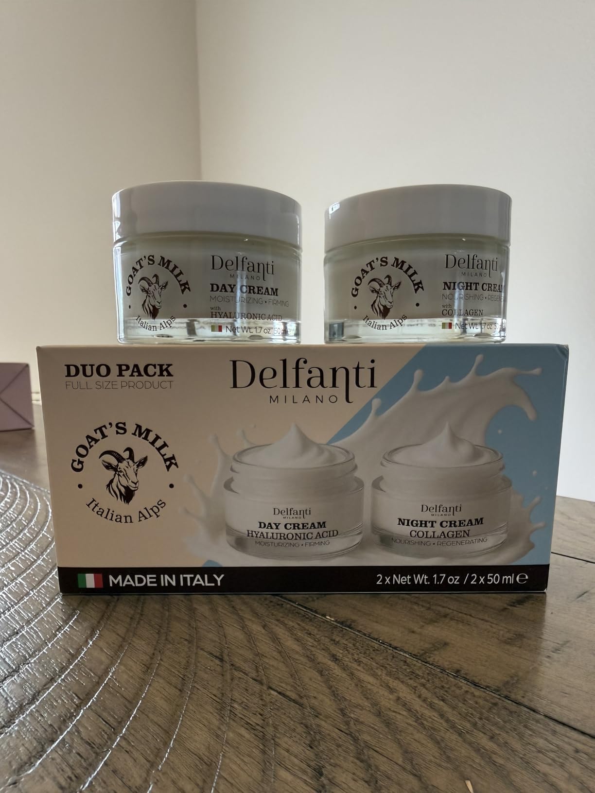 Delfanti-Milano • FULL SIZE DUO PACK • GOAT'S MILK with HYALURONIC ACID Day Cream and GOAT'S MILK with COLLAGEN Night Cream • Face and Neck Moisturizer • 2 x 1.7 oz jars • Made in Italy