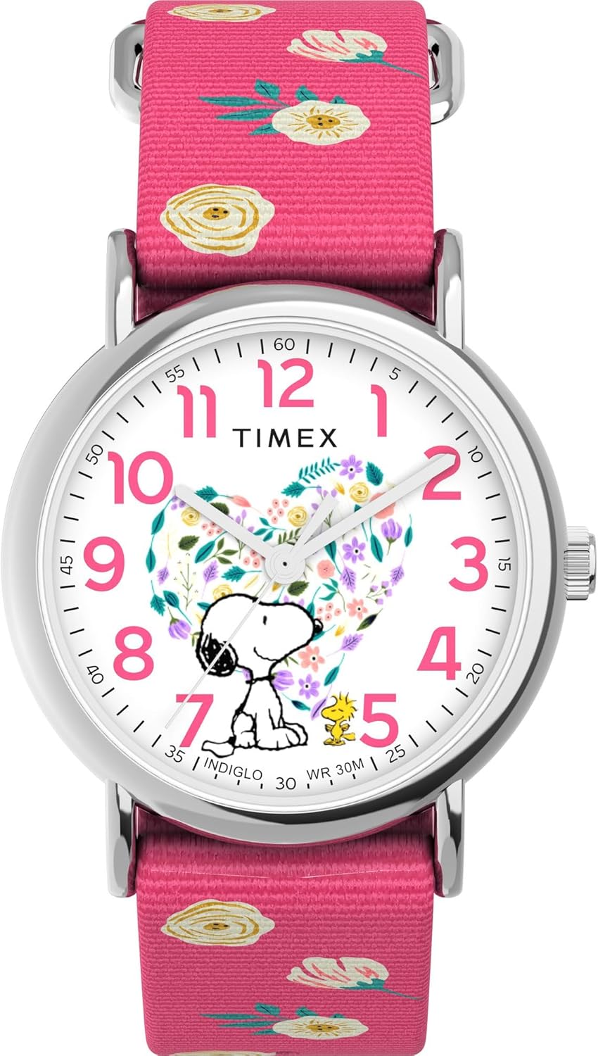 Timex Women's Peanuts Weekender Floral 38mm Watch - Pink Strap White Dial Silver-Tone Case - Image 1 of 5
