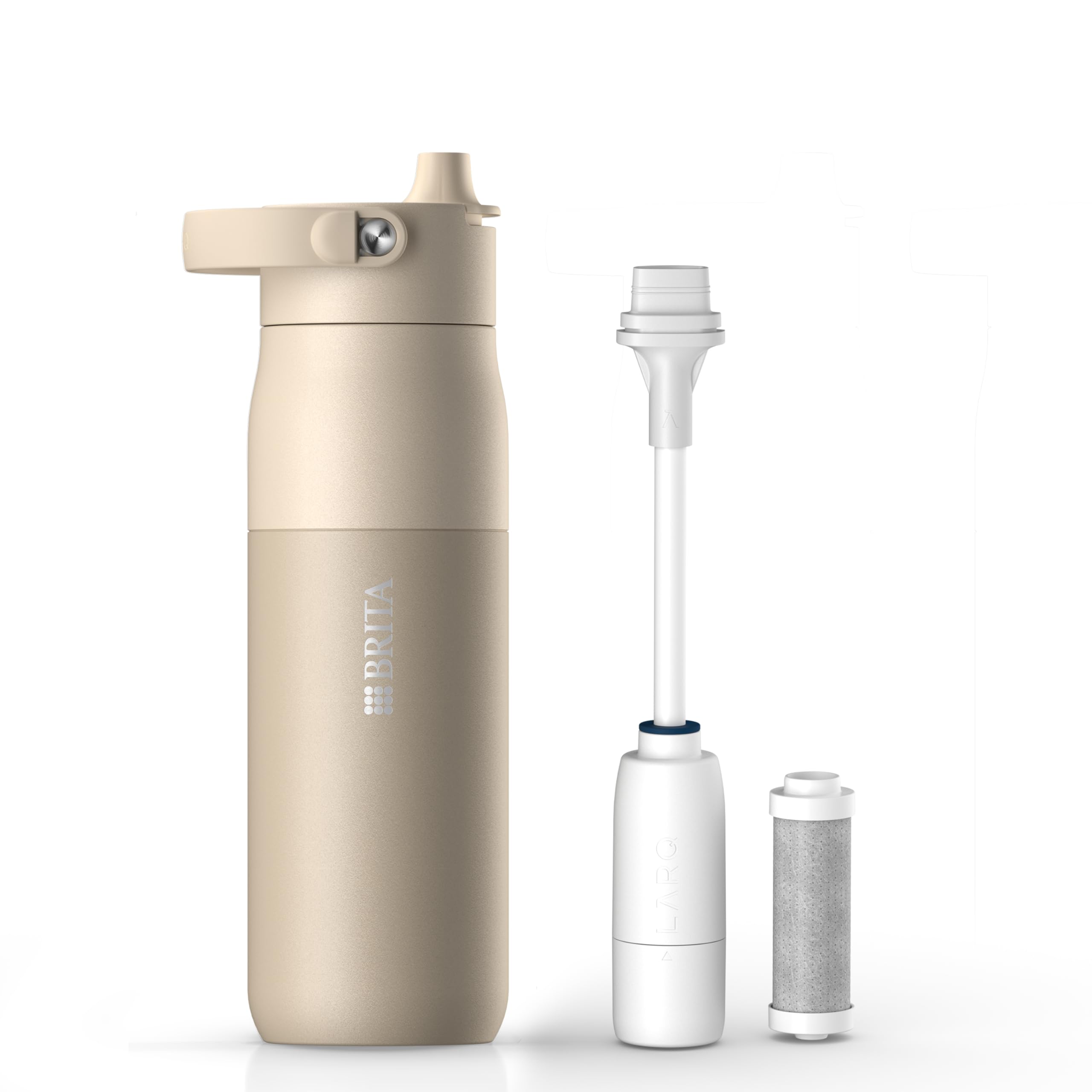 BRITA LARQ Essential Filter Trinkflasche mit Strohhalm beige (680 ml) | Edelstahl Wasser-Flasche, doppelwandige Isolierung (24h kalt), Aktivkohle Wasserfilter, filtert PFAS, Chlor & mehr