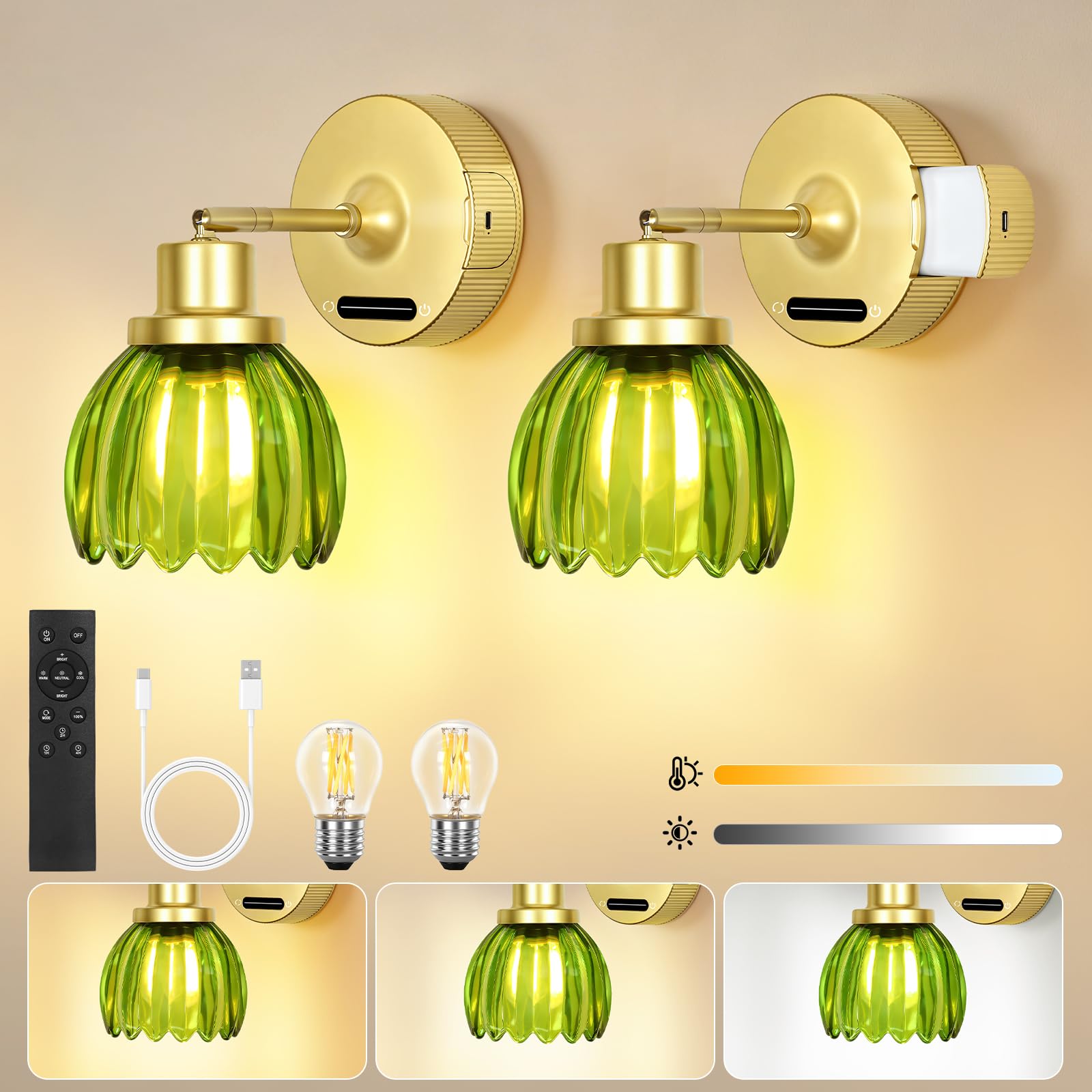 OUTON Rechargeable Wall Lights Set of 2, Wireless Battery Operated, 8000mAh Slide-Out Battery per Light, 3 Colour Temperatures, Dimmer, Remote, Timer & Memory, Bedroom, Living Room, Green Tulip Shades