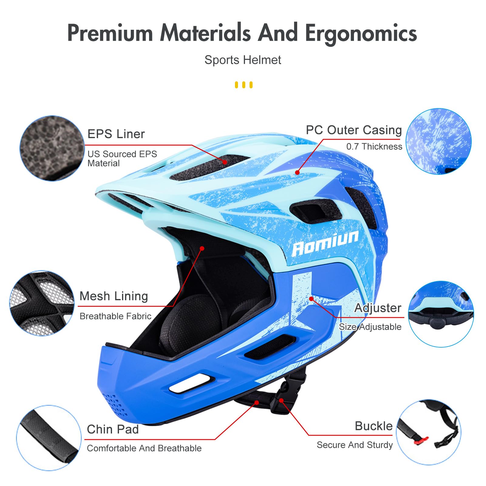 Casco integrale per bambini con protezione per il mento rinforzata, 18 fori di ventilazione, traspirante e leggero, dimensioni (51-54 cm)