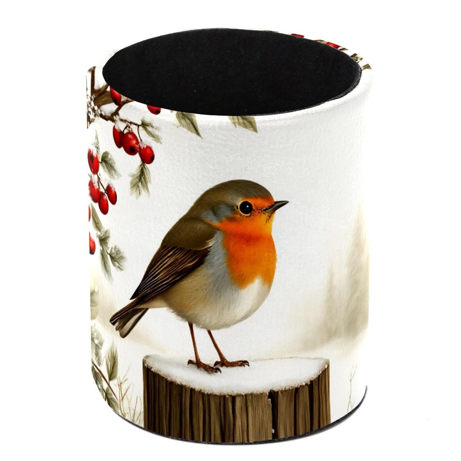 Luoweisi Leather Pen Pot Pen Holder for Desk, Pencil Holder Desk Tidy Office Organiser Makeup Storage, Christmas Bird Winter
