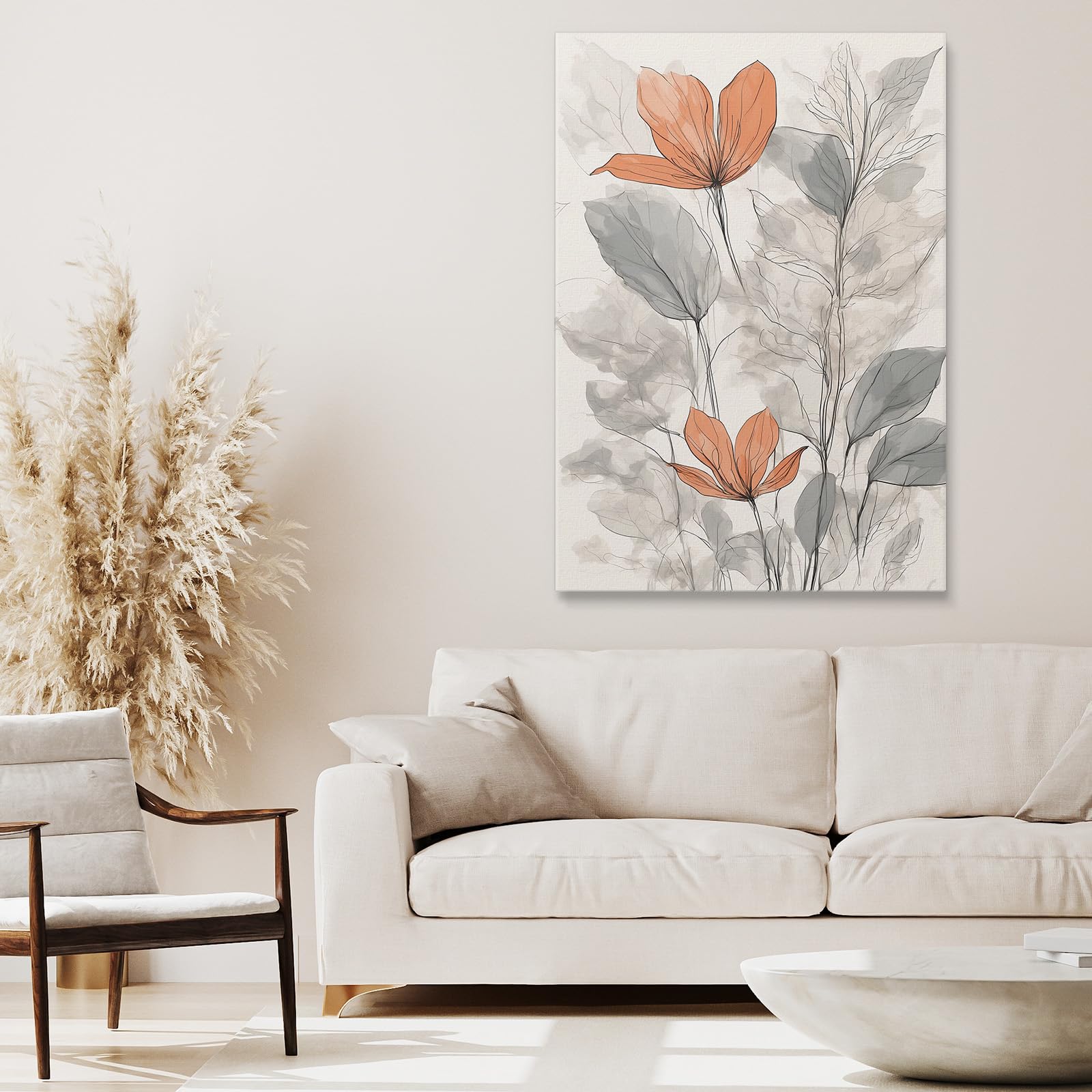 CheQuadro! Bild Blätter und Blumen, abstrakte Dekoration, Wohnzimmer, Illustration von roten Blumen und abstrakten grauen Blättern, Druck auf Leinwand, gerahmt, fertig zum Aufhängen, btn33-40 x 30 cm