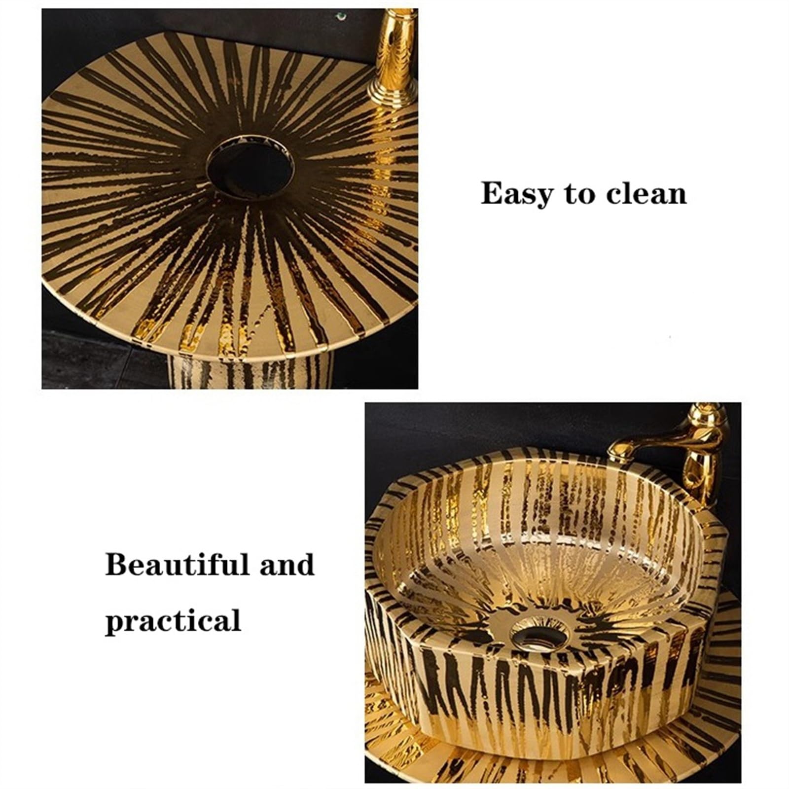 Fregadero de lavabo de pie de 3 piezas, lavabo dorado de lujo con grifo y drenaje y espejo, tamaño A, B-One Size