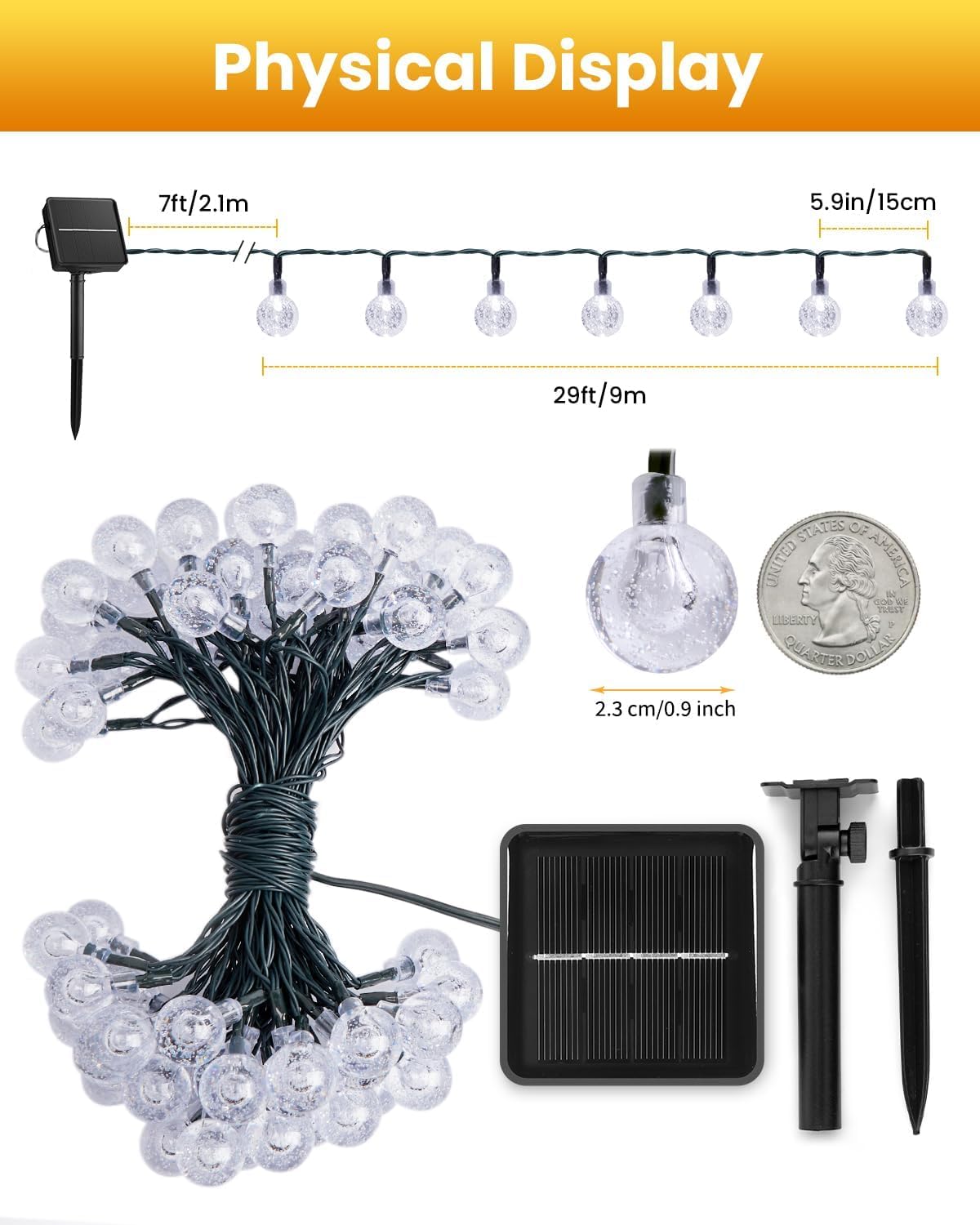 Stringa di luci solari impermeabili per esterni, 1 confezione da 50 LED da 2,3 cm ciascuna, luci da patio ad energia solare con 8 modalità di illuminazione per giardino, cortile, portico, festa di