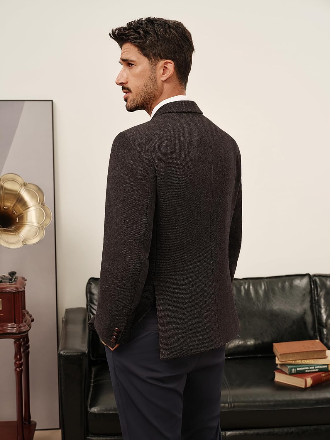 PJ PAUL JONES Mens Tweed Blazer Wool Sport Coat Two Button Peak Lapel Vintage Suit Jackets - Image 5