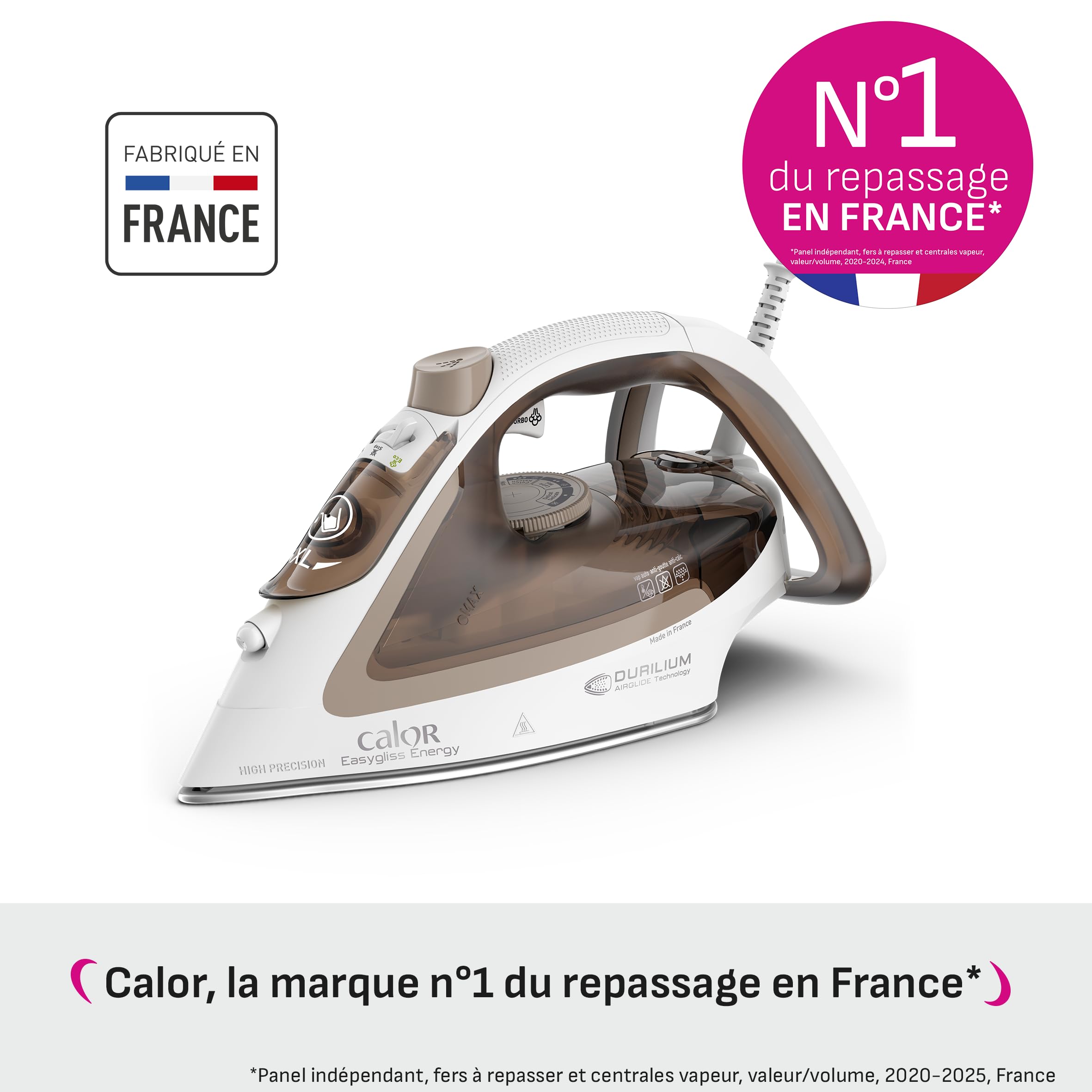 Calor Easygliss Eco Fer à repasser, 2800 W, Débit vapeur 50 g/min, Fonction Pressing 240 g/min, Jusqu'à 30 % d'économie d'énergie, Semelle Durilium Airglide, Fabriqué en France, Argile FV5780C0 - 2