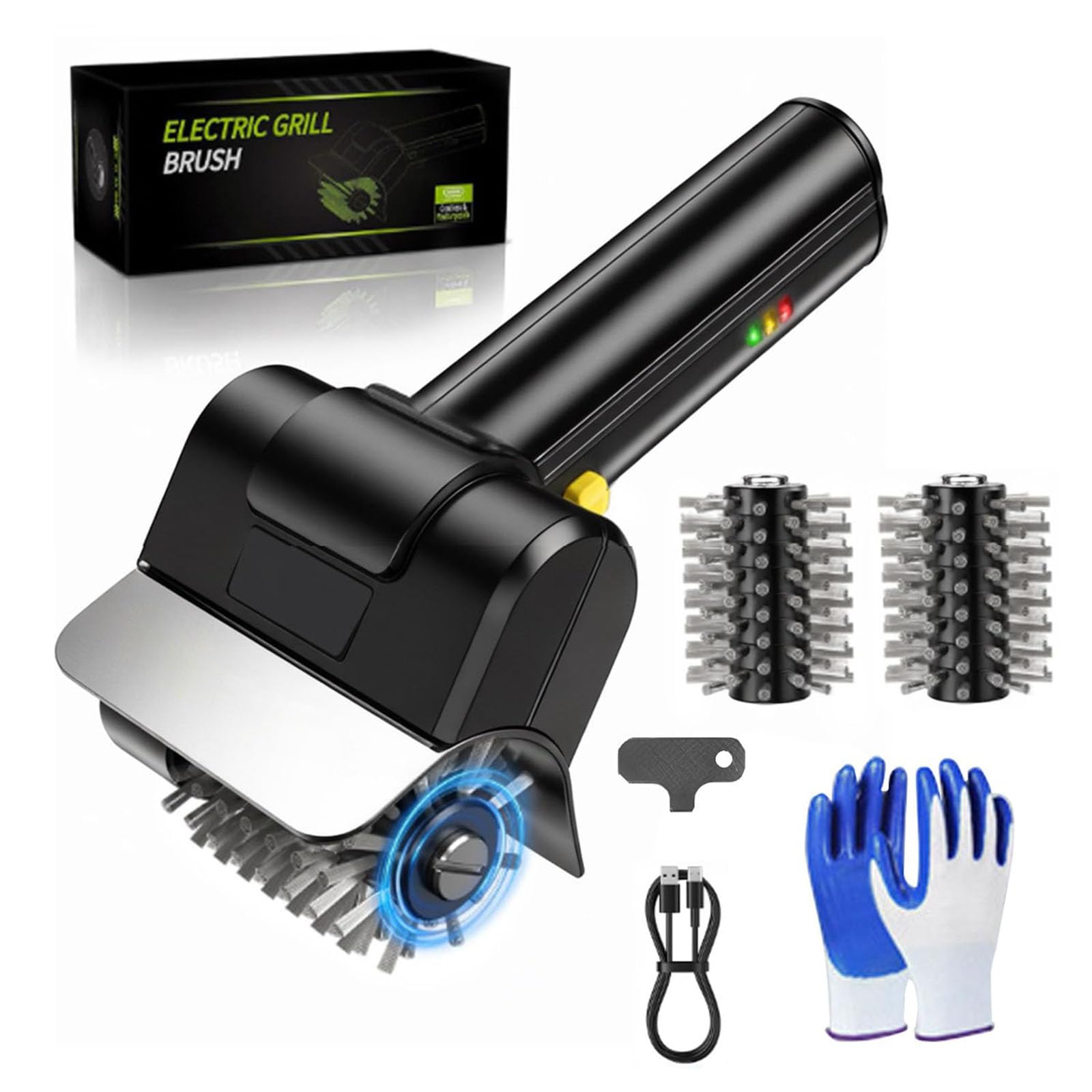 Brosse de Grill Électrique, Nettoyeur de Grill Rechargeable sans Fil 2000Mah avec 2 Brosses Remplaçables Et Gants, 1500 TR/Min, Autonomie de 100 Minutes pour Fumoir, Plaques Et Grilles