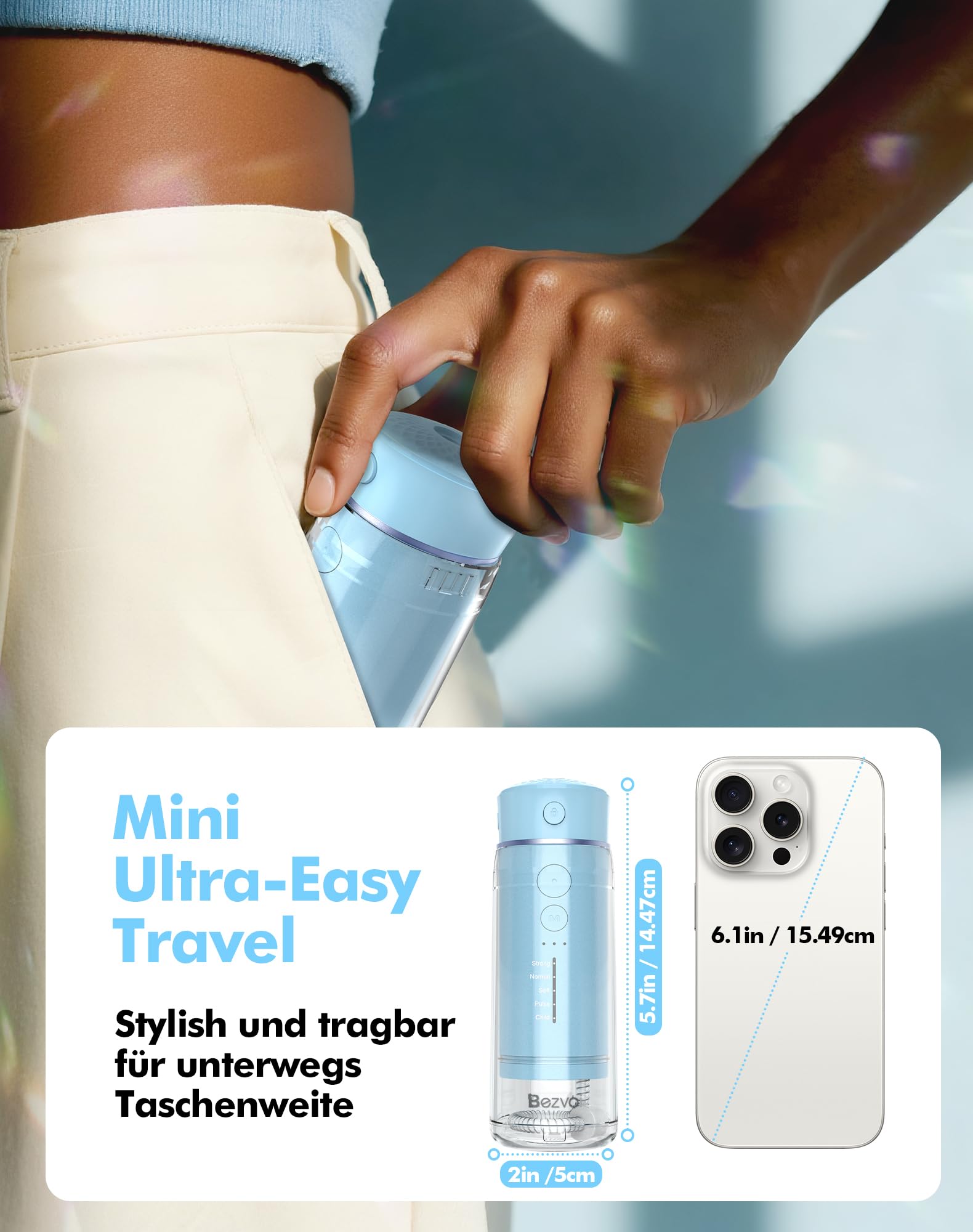 Bezvoi Irrigador Dental Portátil Bezvoi, Mini Inalámbrico 5 Modos, Depósito Extraíble, IPX7 Impermeable, Limpiador Bucal Recargable para Ortodoncia y Dientes Sensibles, Azul