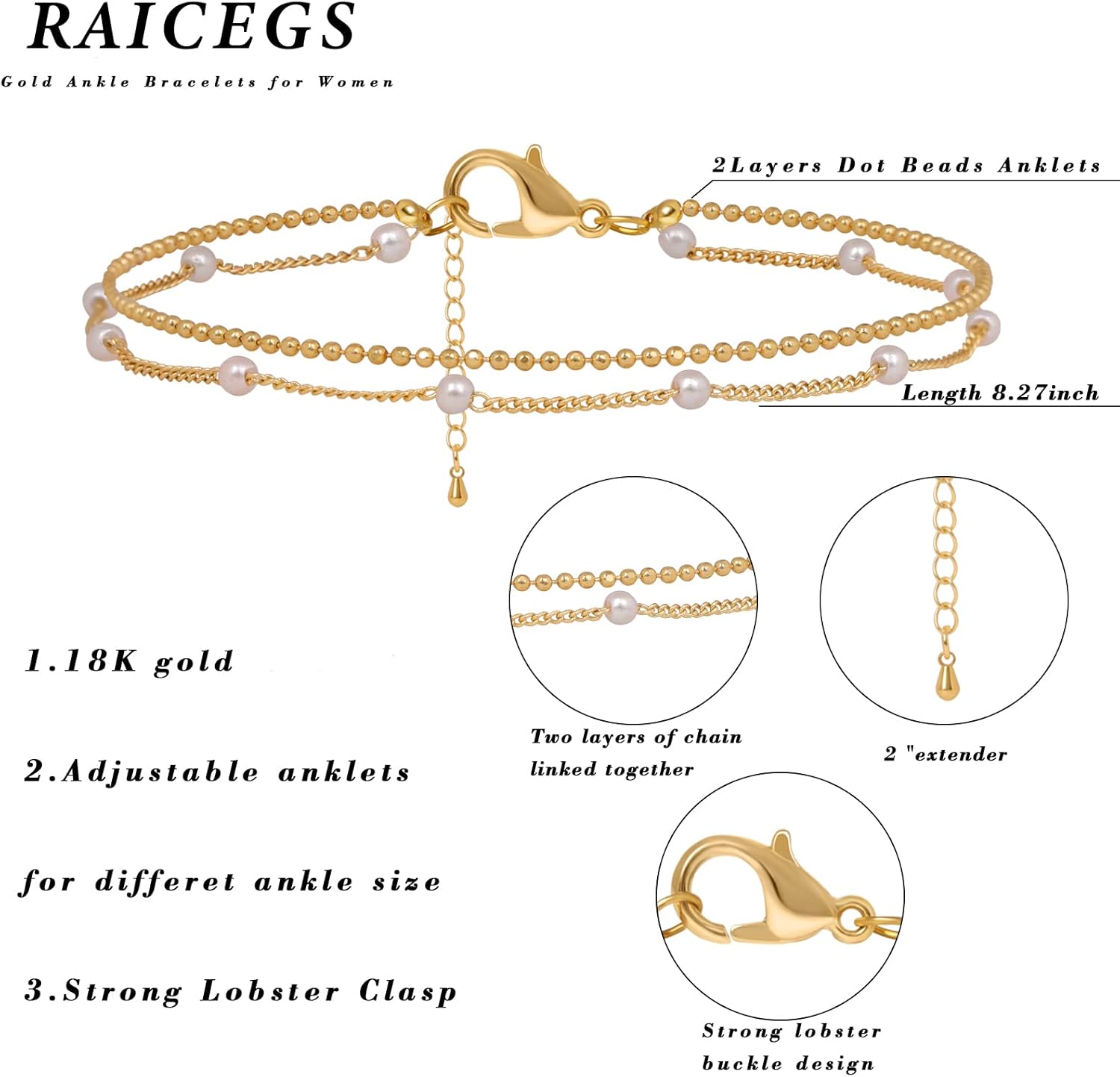 Raicegs Layered Anklet Bracelets for Women 18K Gold Anklets Dainty Chain Pearl Beads Anklet Beach Jewelry Gift for Women Girl - Image 3