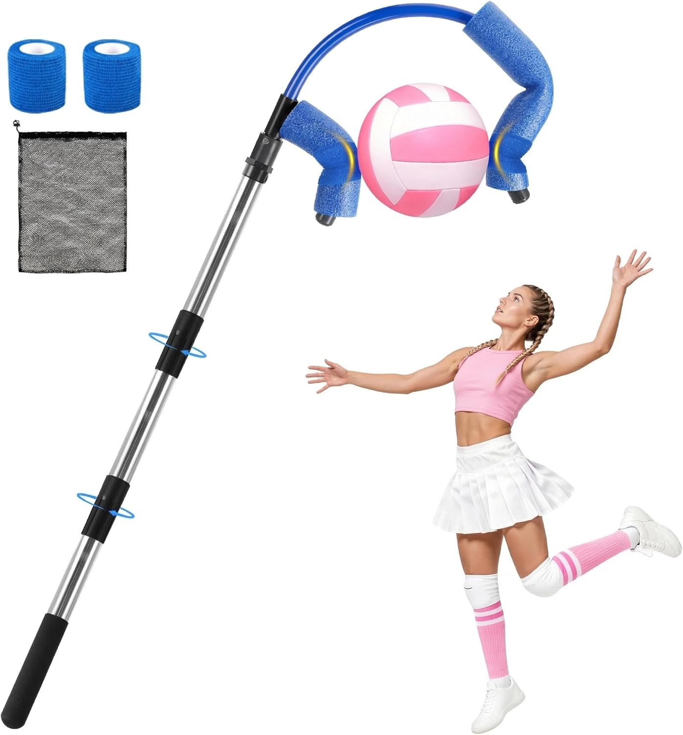 Caulimo Volleyball Spike Trainer (No Ball Included): Adjustable Volleyball Training Equipment - Volleyball Hitting Trainer with Anti-Slip Foam Head for Indoor & Outdoor Practice