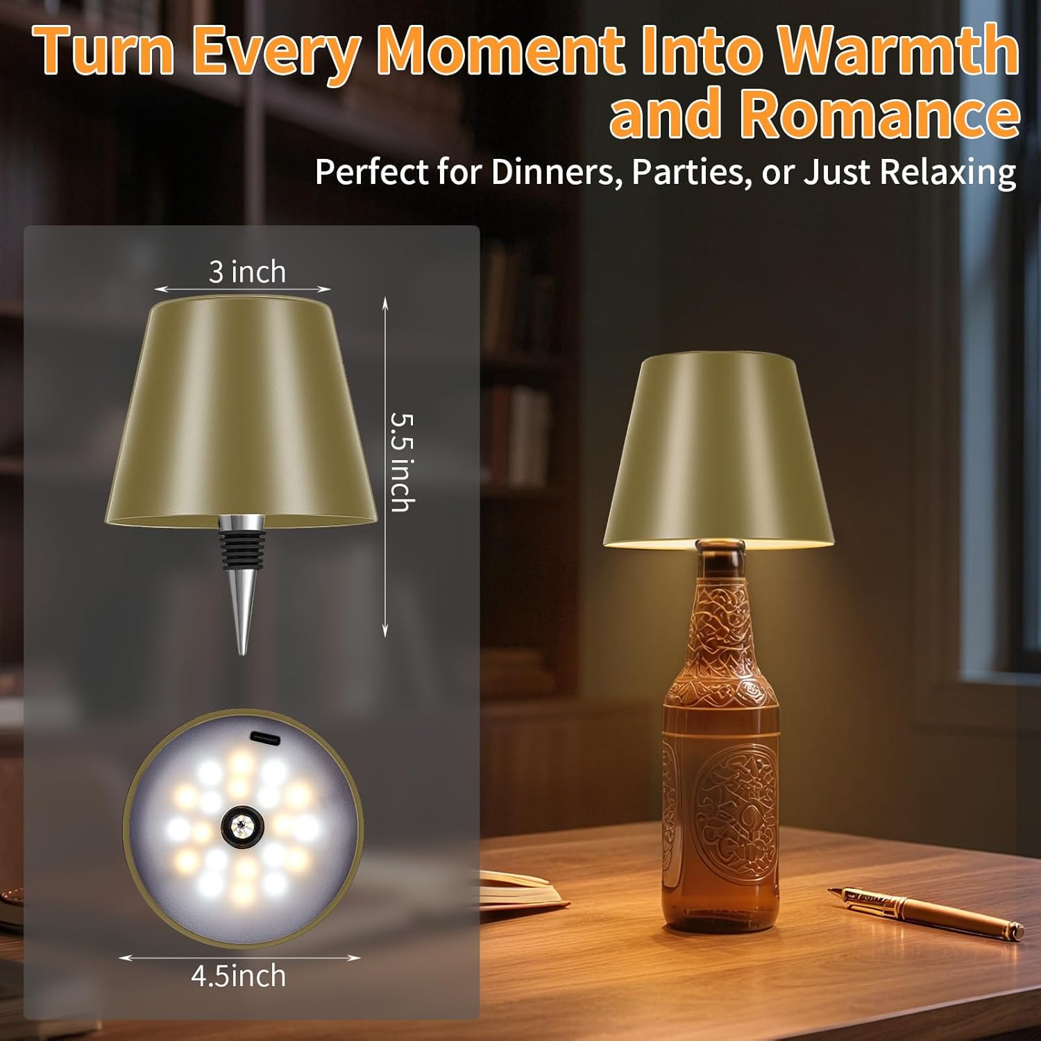 Rechargeable Wireless Bottle Lamp - 3 Color Stepless Dimmable, Metallic Gold Lampshade, 5H Bright Light or 48H Soft Glow,Ideal for Home Décor, Parties, Bar