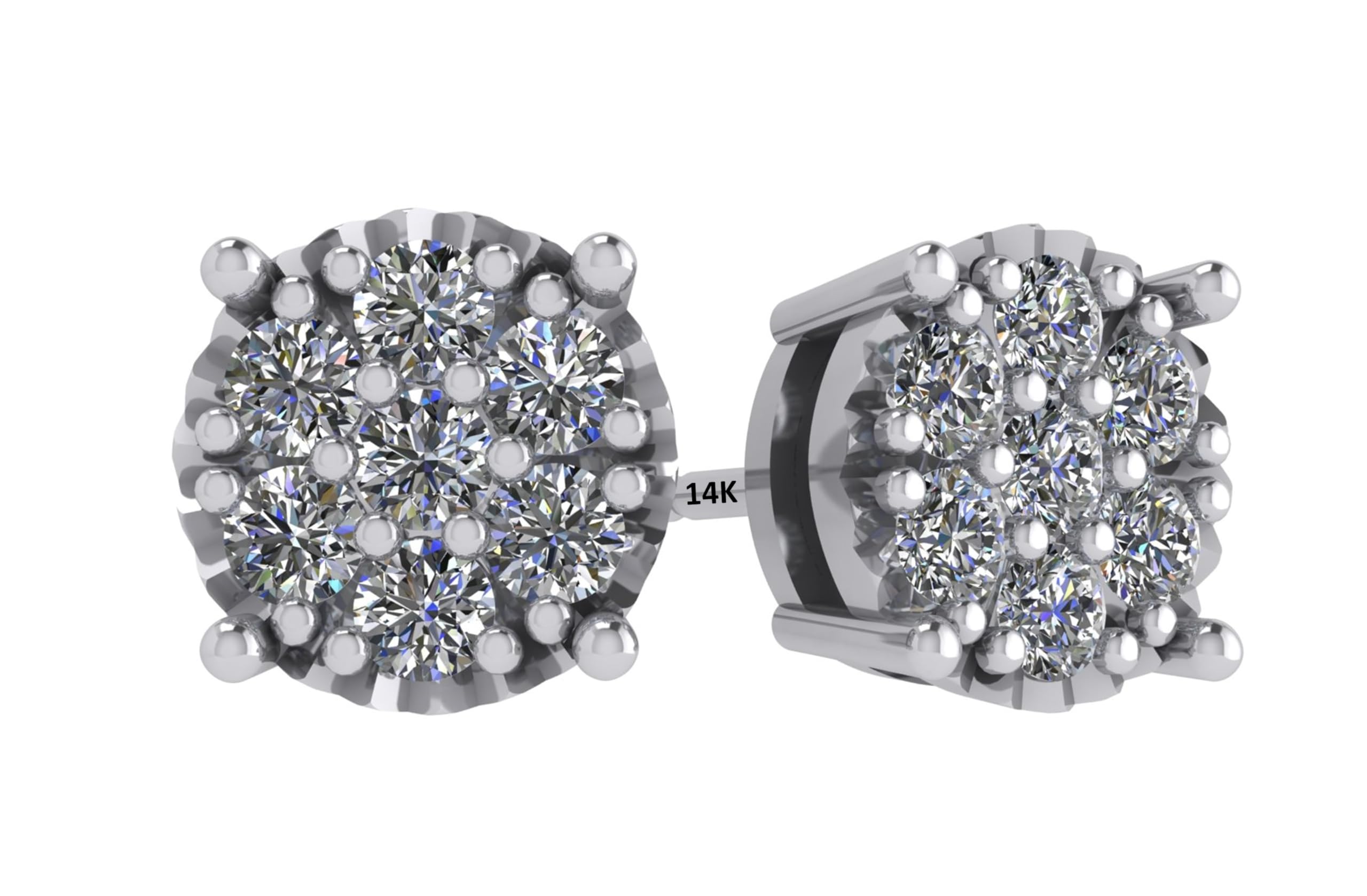 Diamond Stud Earrings CVD Lab Grown Diamonds solid 14K post & Silver basket, 7 or 9 Stone Cluster