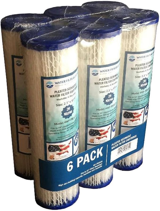WF-PE1020 2.5-inch x 9-3/4-inch Pleated Sediment Water Filter Cartridge, fits in 10-inch standard size housings of undersink RO or filtration systems (6 Pack, 20 Micron)