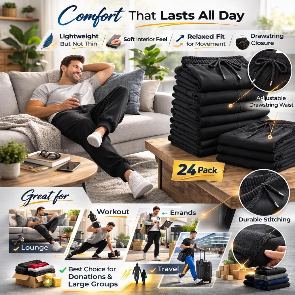 BILLIONHATS 24 Pack Adult Joggers Pants, Mixed Assortment Colorful Jogger Bulk Sweatpants Wholesale for Donations, Homeless