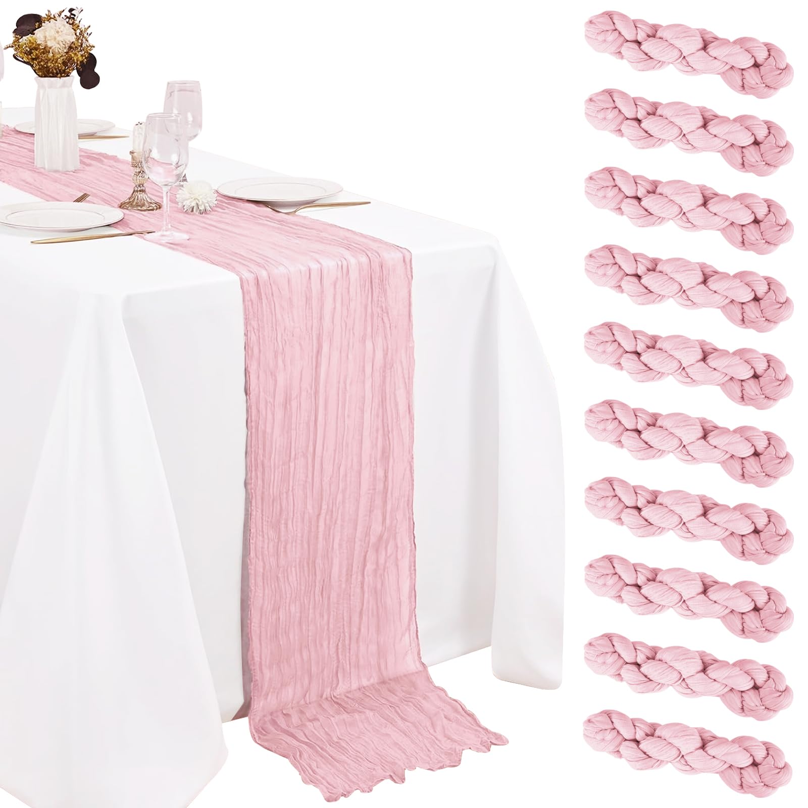 Photo 1 of 10 Pack Pink Cheesecloth Table Runner 10FT Boho Gauze Fabric Cheese Cloth Table Runners for Wedding ,Party,Baby Shower, Bridal Party, Rustic Farmhouse and Table Decorations