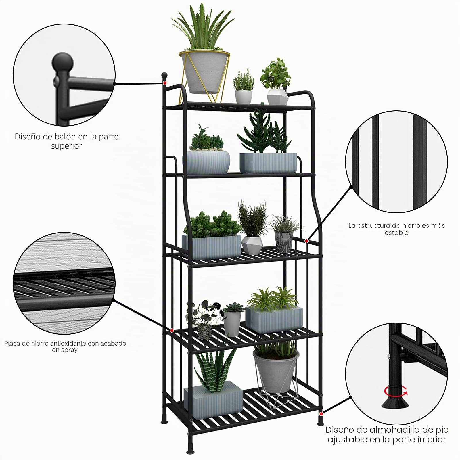 Soporte de Metal para Plantas de 5 Niveles Soporte para Macetas Estante de Almacenamiento Estante Organizador para el Hogar Interior y Exterior-Negro