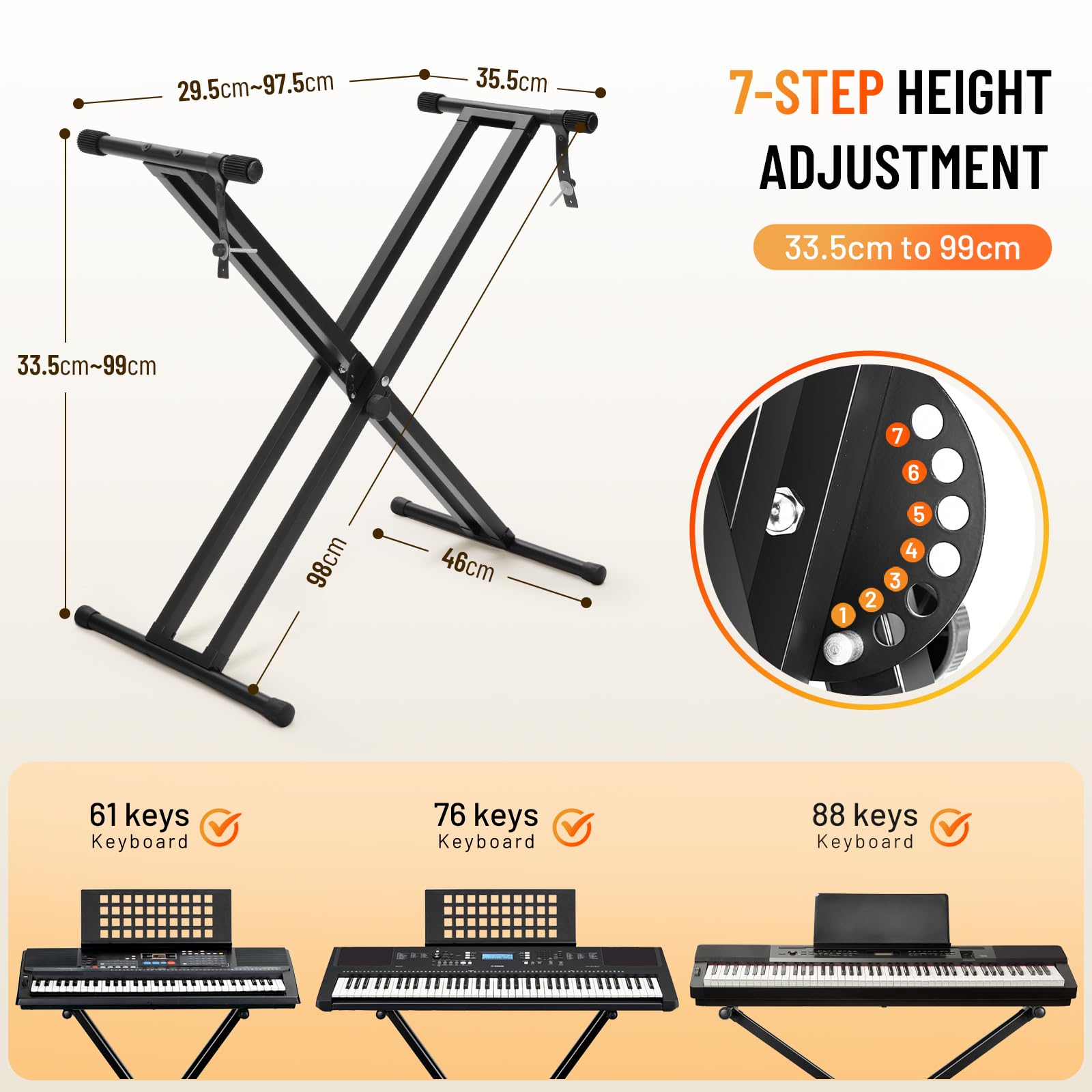 CAHAYA Komplettlösung Keyboardständer und Keyboard Bench - 6 Stufen Höhenverstellbar Doppel X-Frame Keyboard ständer für 61, 76 und 88 Tasten Keyboard- Tragfähigkeit 168 kg Keyboardbank, Schwarz