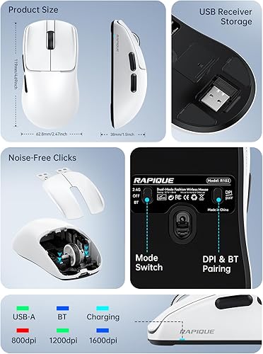 Miniatura 7 de RAPIQUE Ratón inalámbrico ultraligero  1.87 oz de peso pluma, clic silencioso, modo dual Bluetooth 5.1 y 2.4 GHz, botones laterales, recarga USBC,