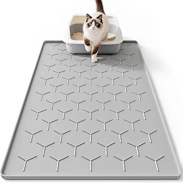 Bulkniu Large Silicone Cat Litter Mat, Waterproof/Urineproof, Litter Recycling, Easy to Clean, Soft on Kitty Paw (22"X34"- Grey)