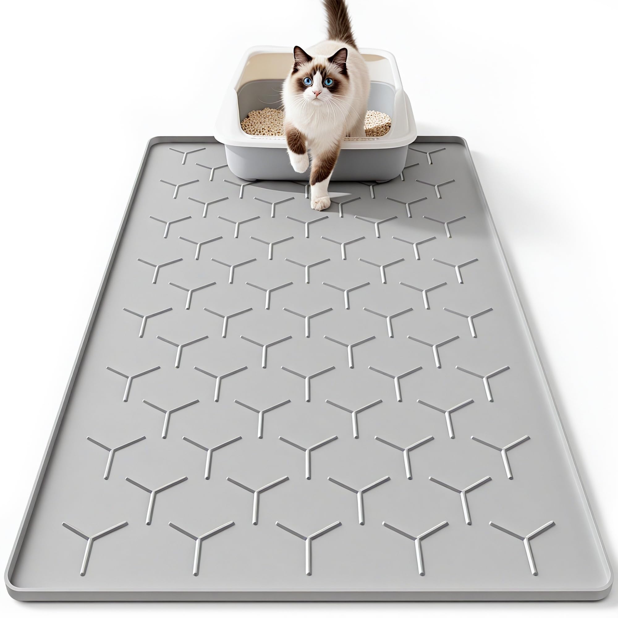 Bulkniu Large Silicone Cat Litter Mat, Waterproof/Urineproof, Litter Recycling, Easy to Clean, Soft on Kitty Paw (22"X34"- Grey)