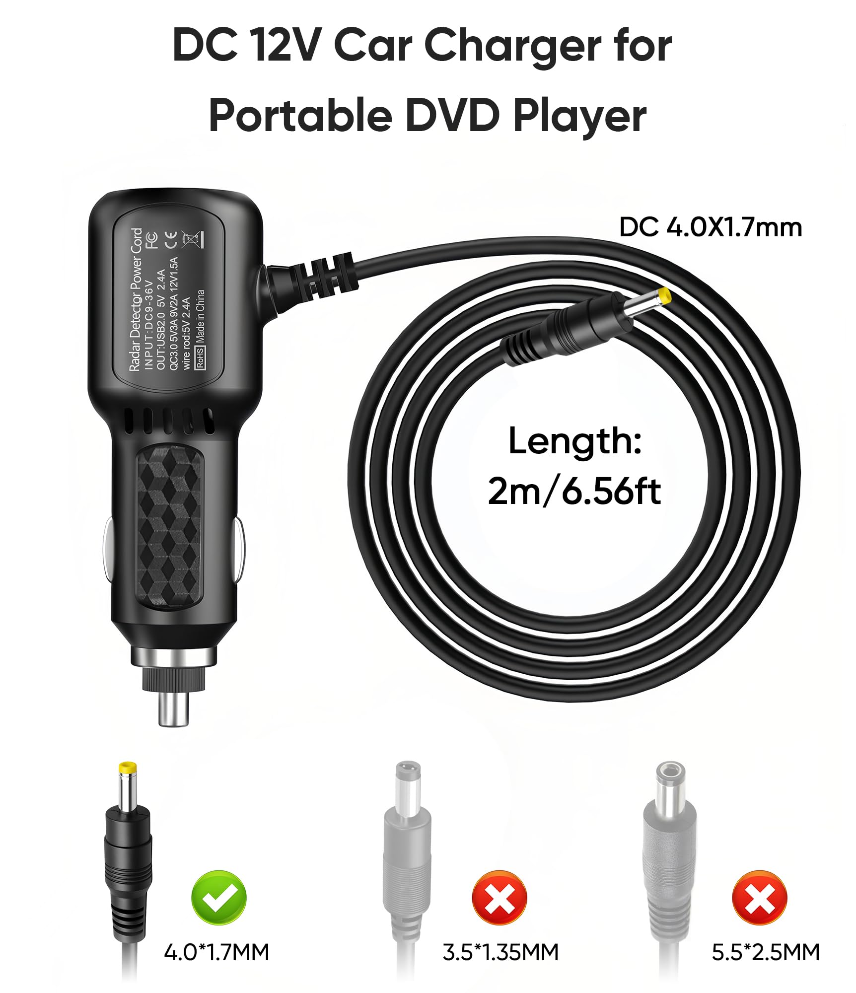 Caricabatterie da auto DC 12 V per lettore DVD portatile, adattatore di ricambio per accendisigari auto, cavo di alimentazione per Sylvania/DBPOWER/UEME/HDJUNTUNKOR/DRJ, cavo di ricarica USB a doppia