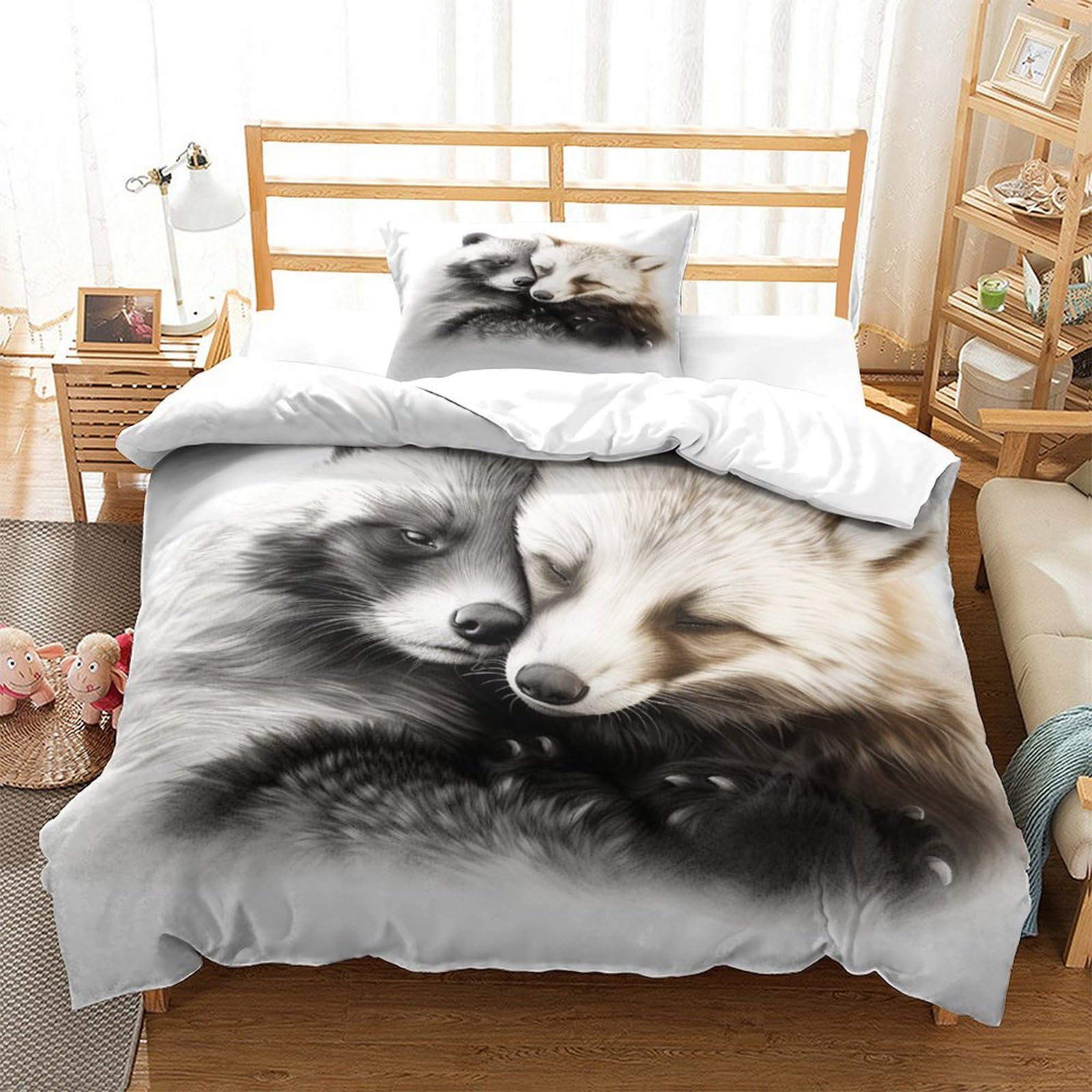 P1S9U7W5Y Cozy 3D Printed Panda Couple Duvet Cover Set 3 Pieces Microfiber Bedroom Decor Animal Design Bedding Set for Adults Teens Soft All Seasons Single（135x200cm）