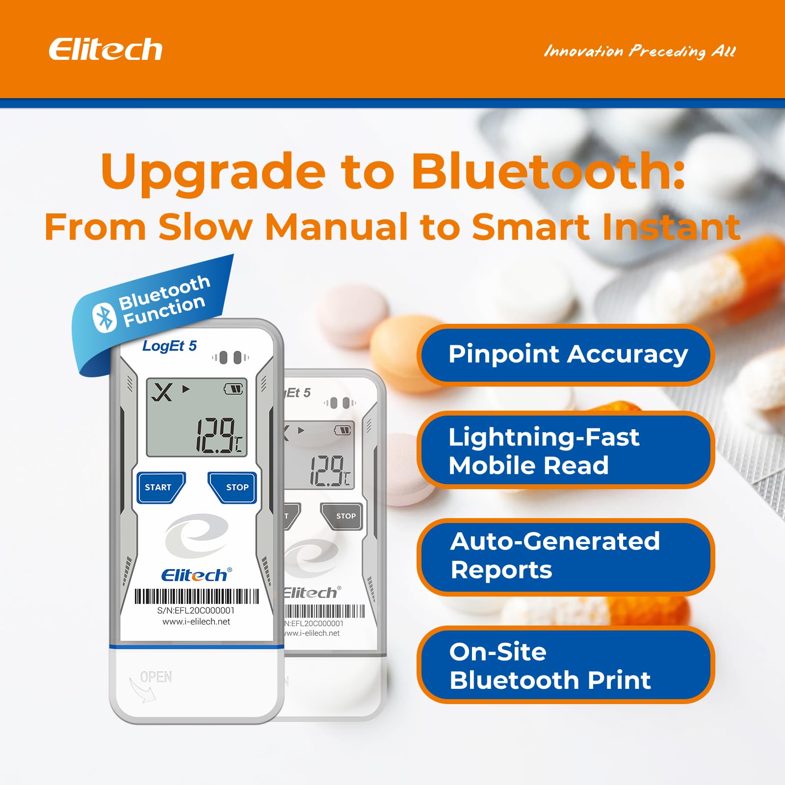 Elitech Bluetooth Temperatur Datenlogger, USB Feuchtigkeitslogger -30°C bis 70°C, Auto-PDF/CSV-Berichte, Windows/macOS