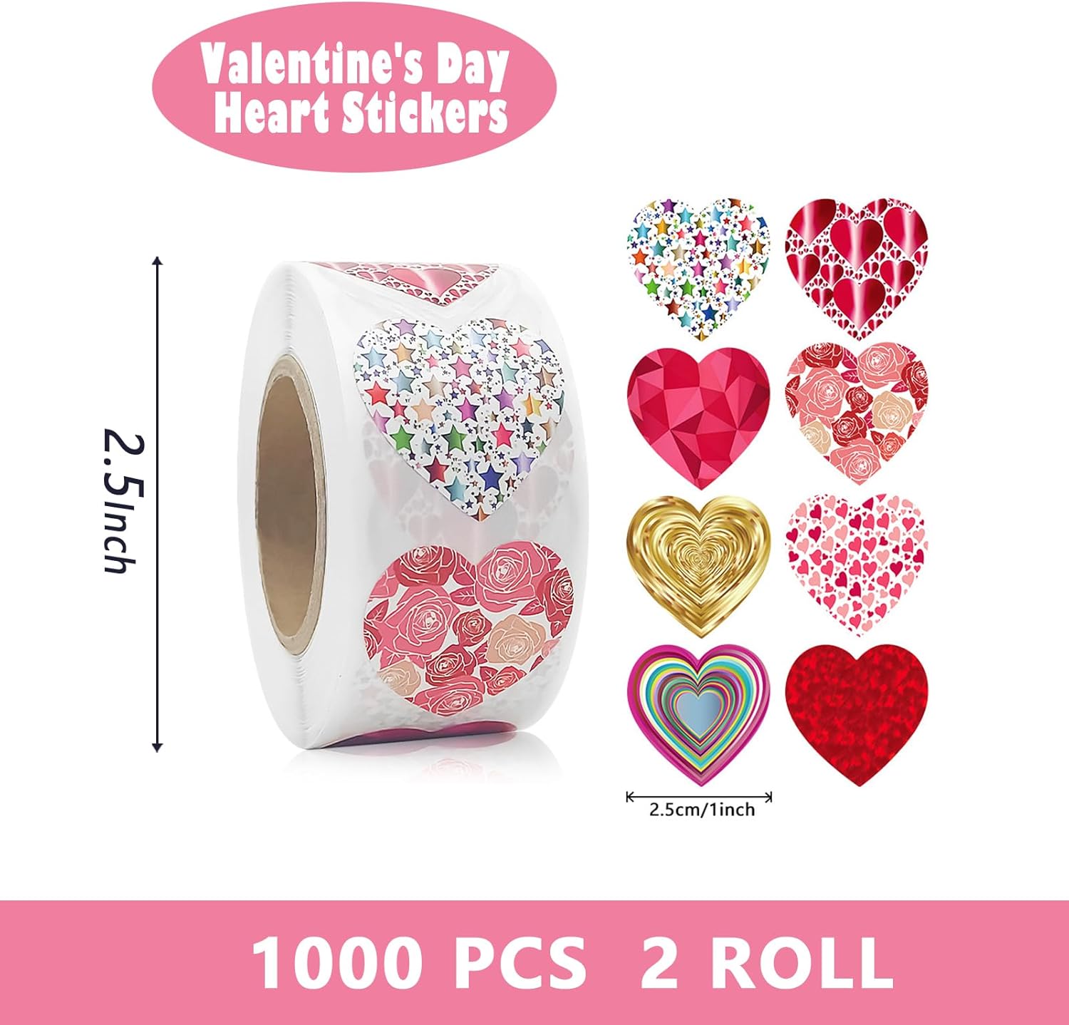 1000 PCS Colorful Heart Stickers, (16 Designs) Heart Stickers for Kids Colorful Heart Shape Stickers for Teacher 1 Inch Valentines Day Heart Sticker for Wedding Birthday Party Decoration(2 Rolls)