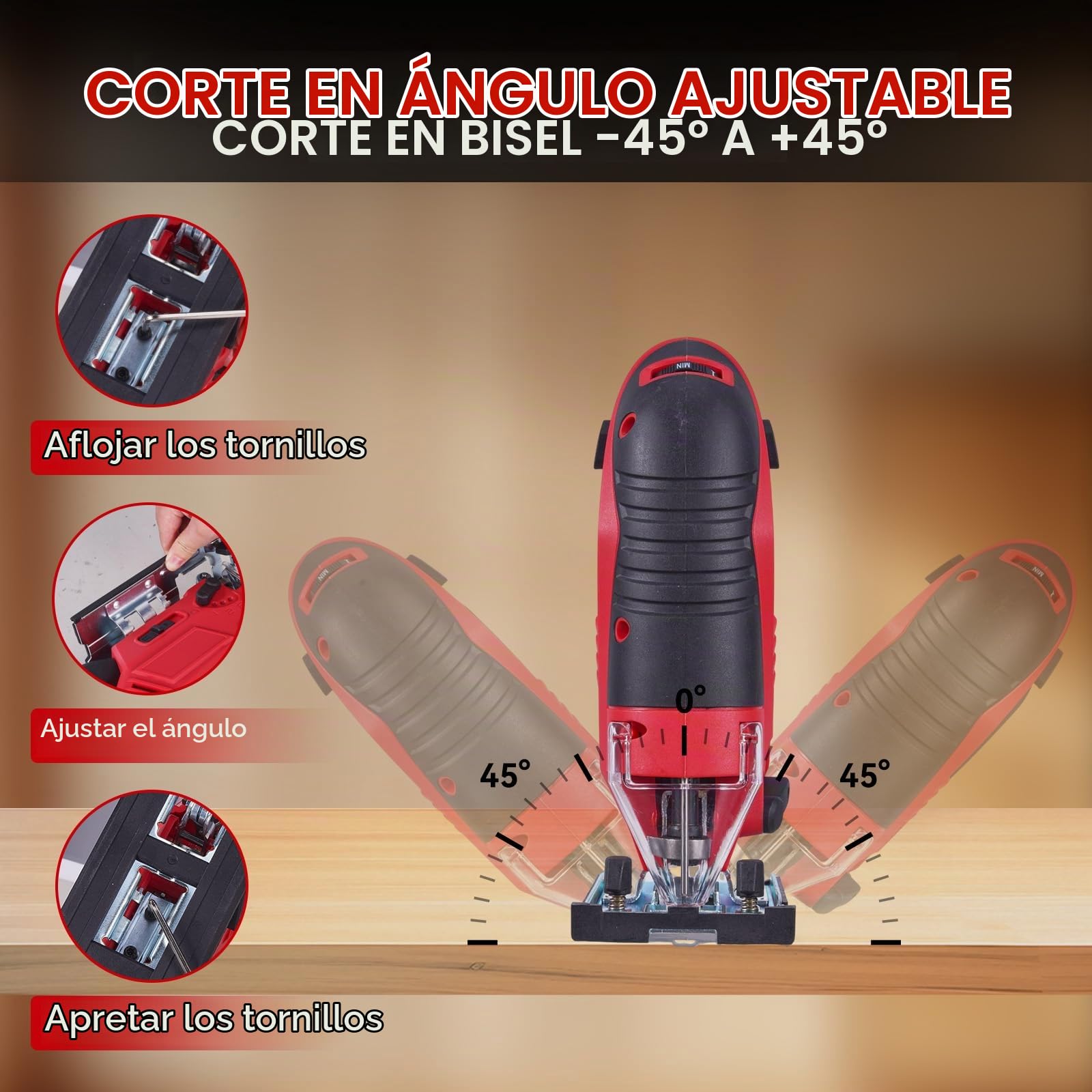 ONEVAN Sierra de Calar Inalámbrica Conexión Aspirador 24mm 2x3,0Ah | 3 ajustes orbitales, ±45° inglete, 7 velocidades, LED y aspiración integrada, corte madera 56mm y acero 6mm, Para bricolaje
