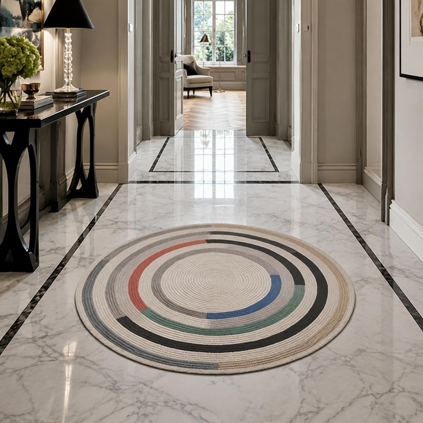 Tapis de sol bleu moderne de forme ronde 100 cm pour commode de chambre
