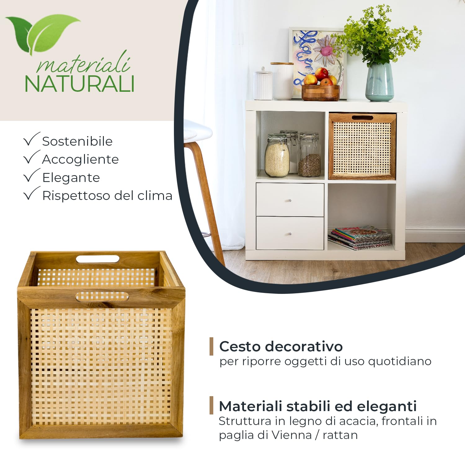 HMF Cesto portaoggetti adatto per scaffali Kallax, cesto in rattan con vimini viennese e legno di acacia, modello 3, 32 x 34 x 32 cm