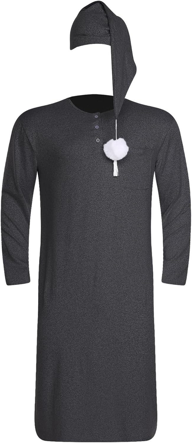 Vxuxlje Men's Nightshirts Long Sleeve Henley Sleep Shirt with Hats Big&Tall Nightgowns Loungewear