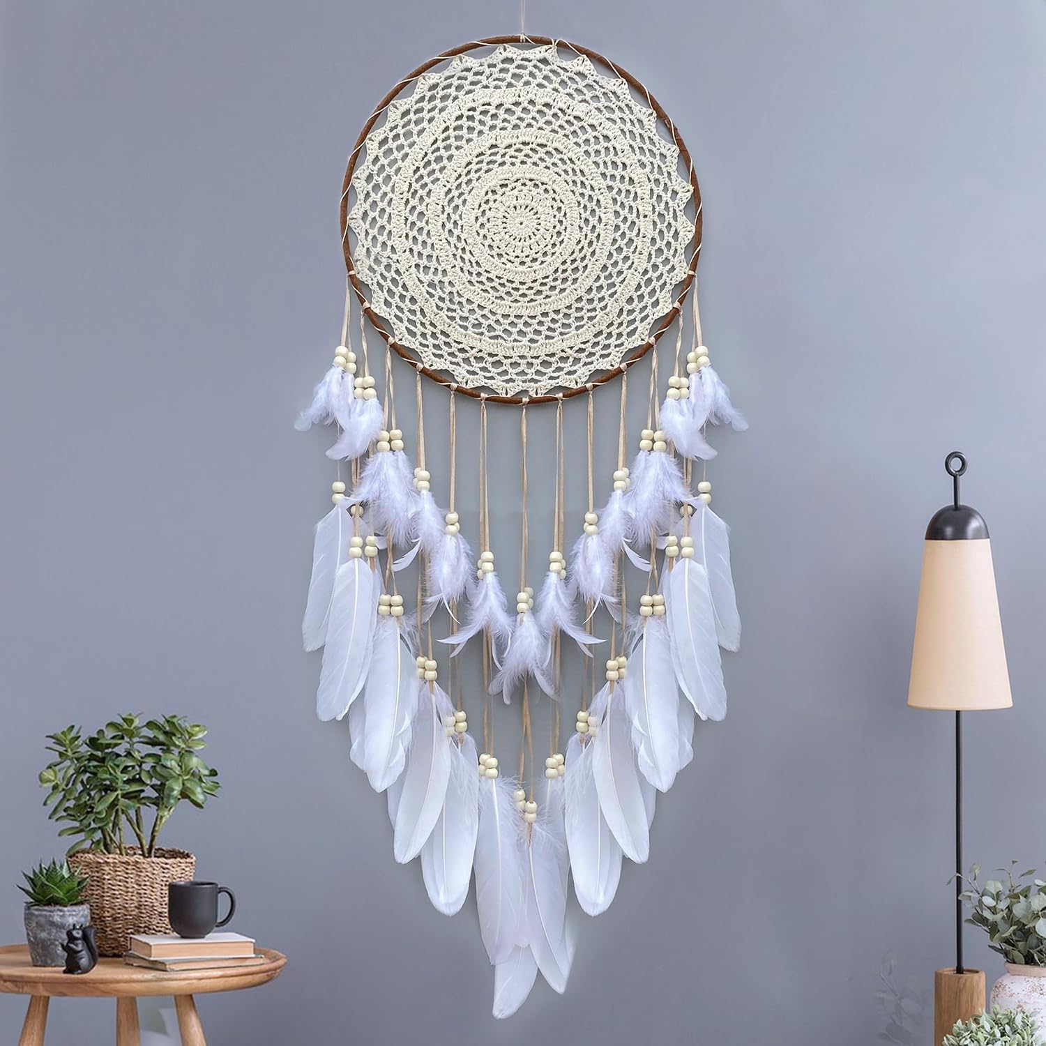 Large White Dream Catcher, Handmade Big Dream Catchers for Bedroom Wall Hanging Wedding Party Decor with a Greeting Card Gift (11.8 Inches in Diameter)