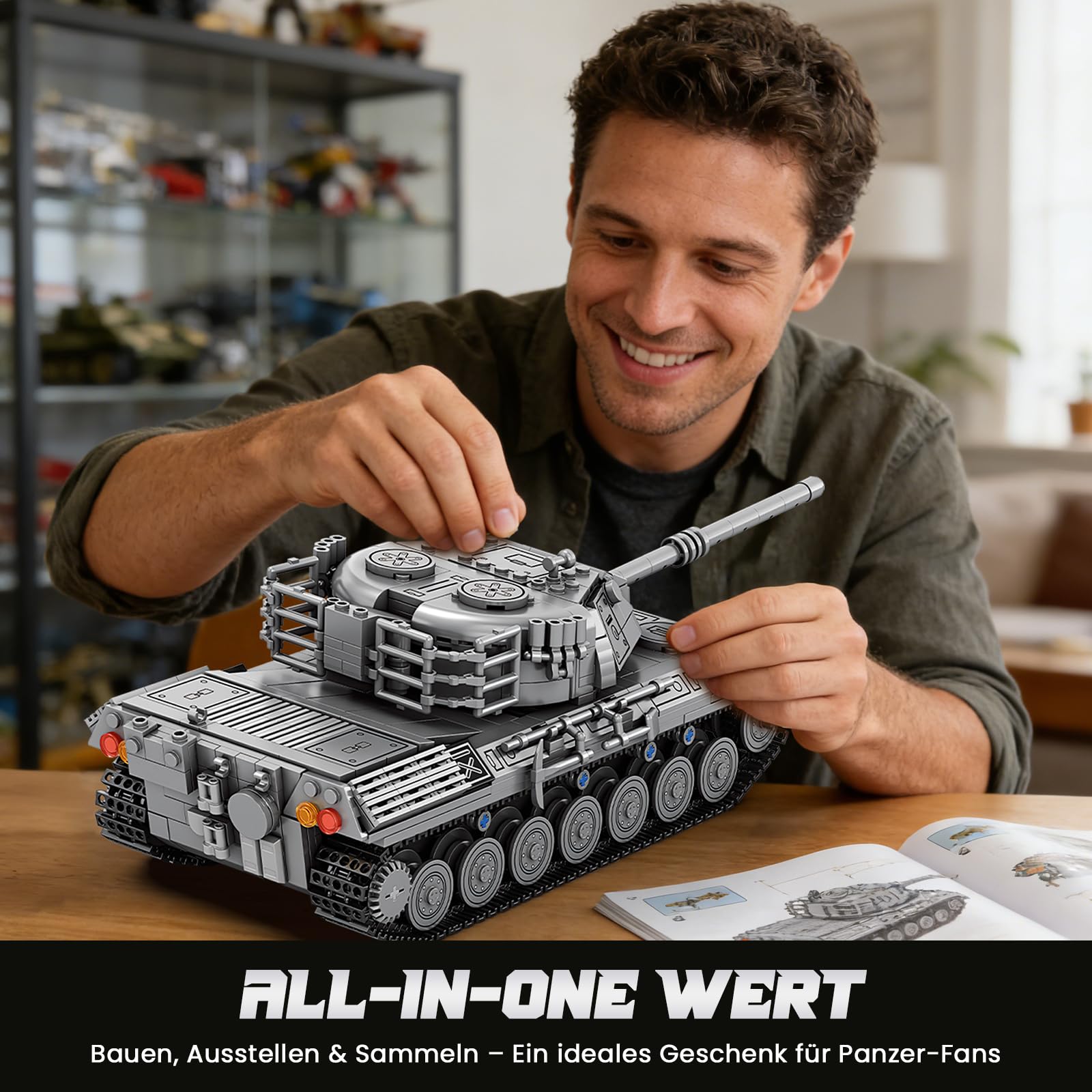 Reobrix 77038 Leopard 1 Panzer Modellbausatz, Klemmbausteine für Erwachsene | Maßstab 1:26, Beweglich Turm, Ketten und Kanone, Militärpanzer, Militärfahrzeuge, World of Tanks Lizenziert, 1273 Teile