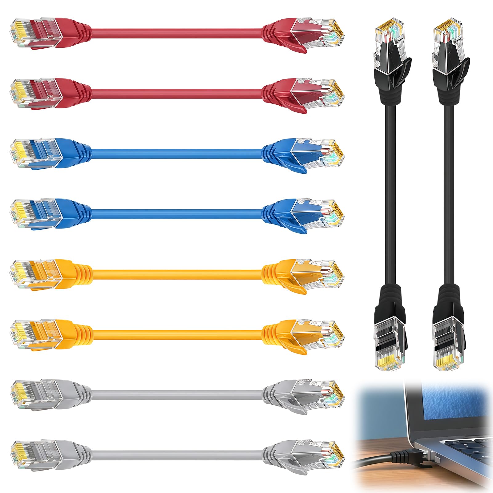 10 Pcs Short Cat6 Ethernet Patch Cable 0.5ft/15cm, High Speed 1Gbps Mini Cat6 LAN Cables Work Set with RJ45 Connectors, Mixed Color Mini Patch Leads for Router Modem PC Gaming Switch TV Server