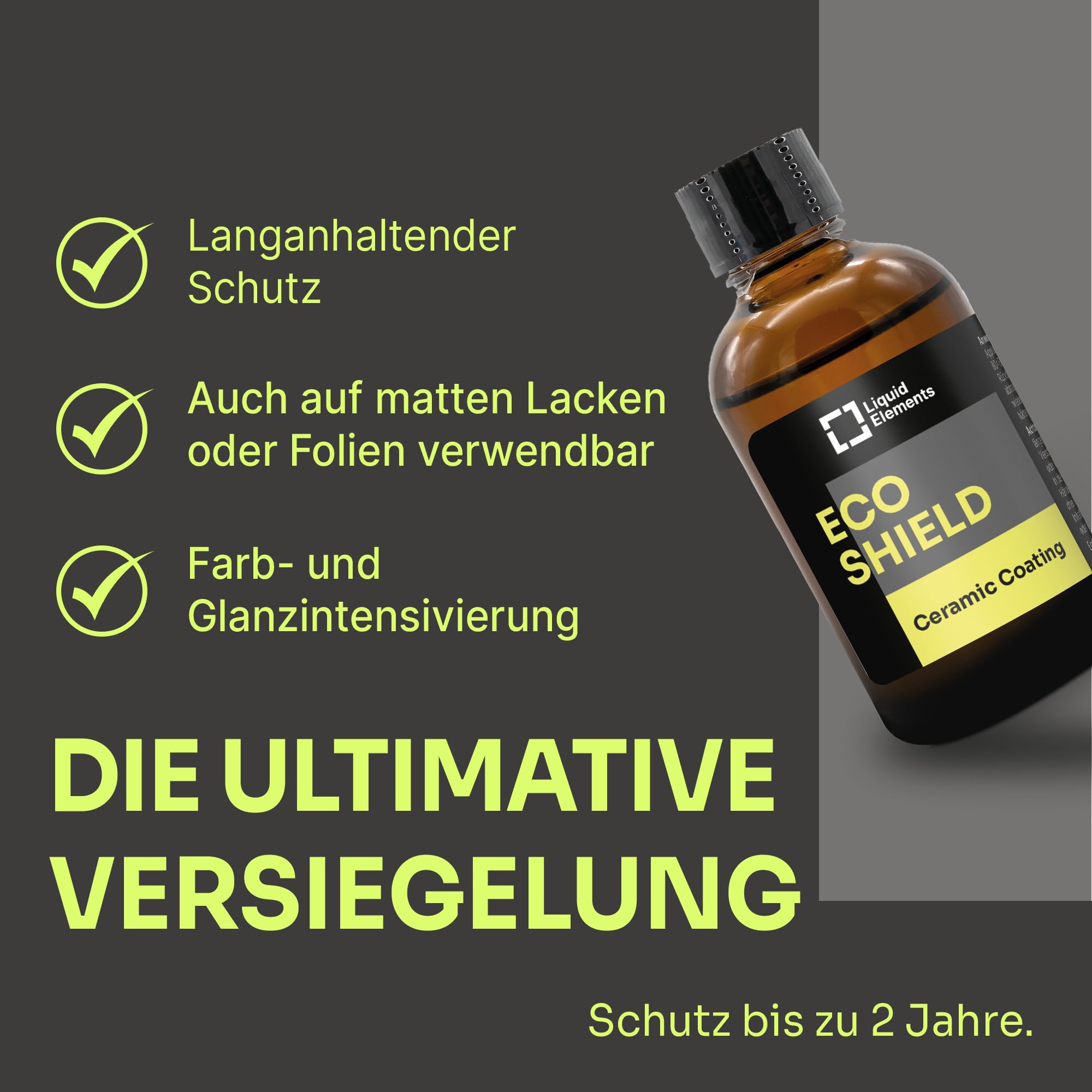 Liquid Elements – ECO Shield Keramikbeschichtung 50ml + Applikator Block gelb + 10er Set Scatter – Keramikversiegelung schützt vor Schmutz & Kratzern – wasserabweisend und Farb- & Glanz-intensivierend
