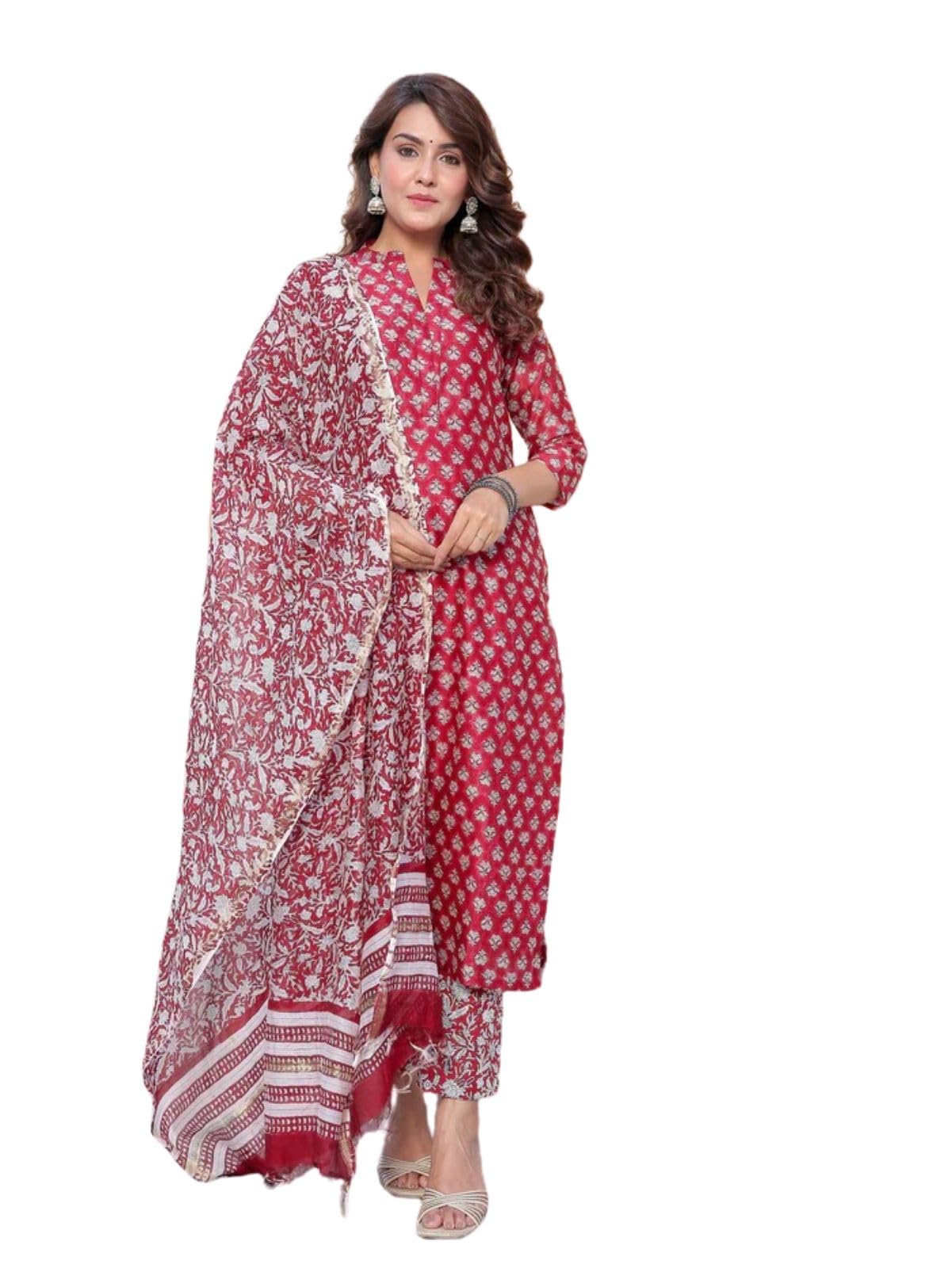 GRECIILOOKSWomen Kurta and Pant Set Dupatta Cotton Blend Printed & Stright Bottom with Stylish Festival Duppata Combo for Ladies