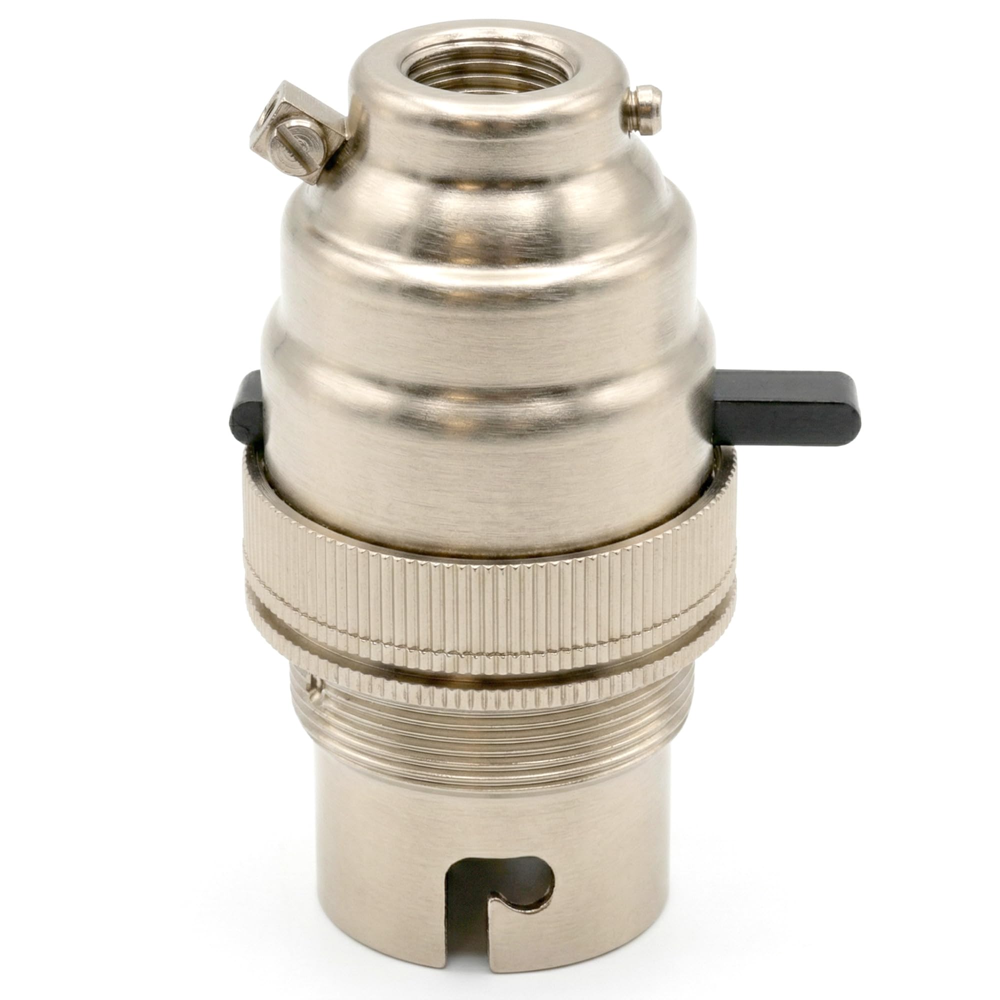 LEDSone Safety Switch Lamp Bulb Holder B22 BC Bayonet Shade Ring, 10mm/M10 x1 Bottom Entry, Brass, Child Safe Switch Push Bar Locks Off to Cut Power if lamp Bulb not Inserted UK (Satin Nickel)