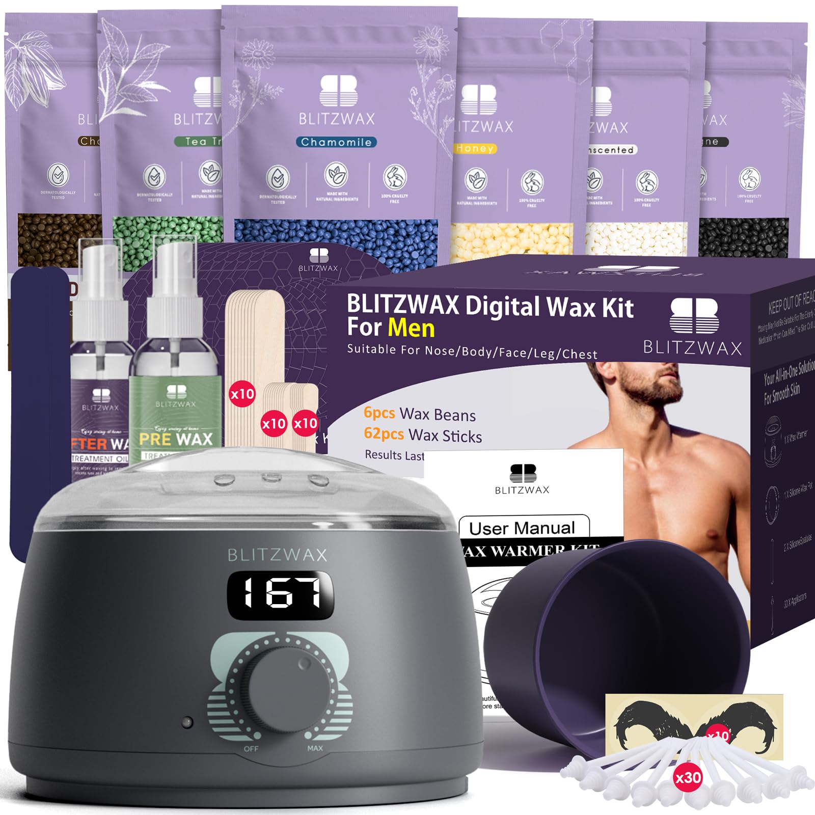 BLITZWAX Back and Nose Waxing Kit for Men, Hard Wax Warmer for Brazilian, Body and Face, At Home Hair Removal Kit, Beginner Friendly, Quick Heating, 93 Accessories, Charcoal Grey