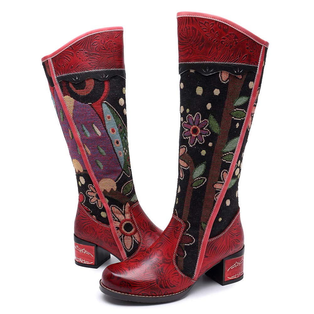 CrazycatZWomens Bohemian Knee High Boots Leather Flat Long Bootie Splicing Pattern Tall Boots