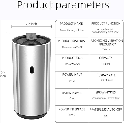 Miniatura 8 de Difusor de aluminio para automóvil, aceite esencial, humidificador de aromaterapia para automóvil, 3.4 fl oz, ambientador de aroma de vehículo