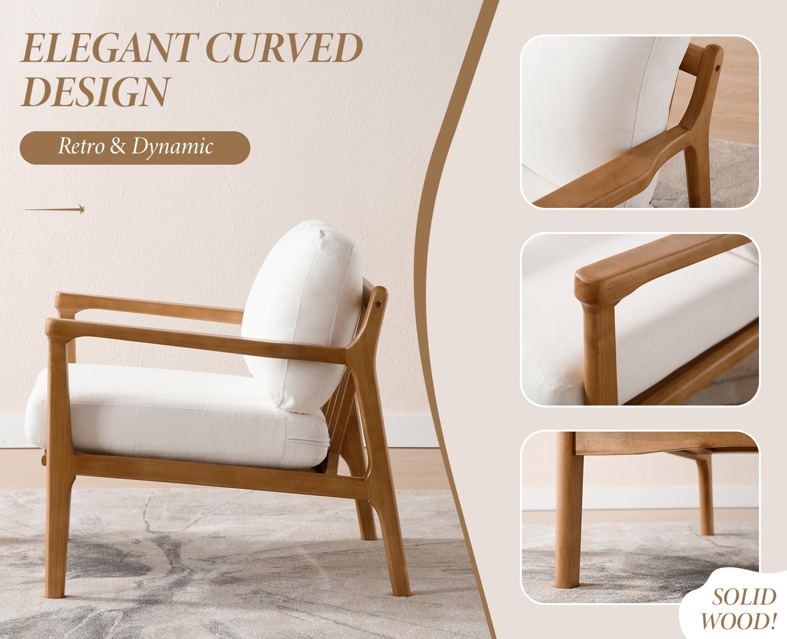 chairus Poltrona da Salotto in Legno Poltroncina Imbottita in Lino, Biege | Poltrona Relax con Cuscino Spesso Poltrona Moderna Design per Soggiorno/Camera da Letto/Lettura