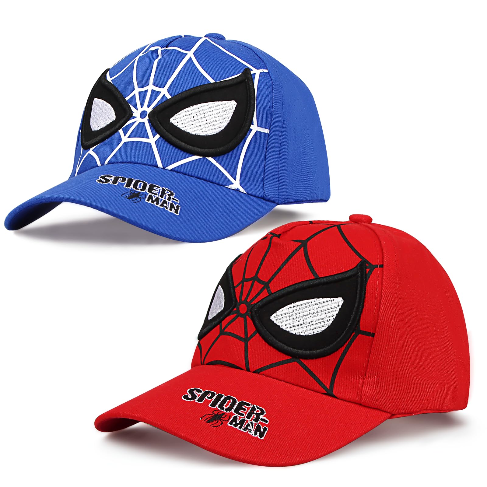 Xingsky Gorra de béisbol para niños, 2 Piezas Gorra de Spider para niños, Gorra de béisbol con Cierre de Velcro Ajustable, Gorra de béisbol Spider para niños y niñas, 3-7 años Rojo + Azul