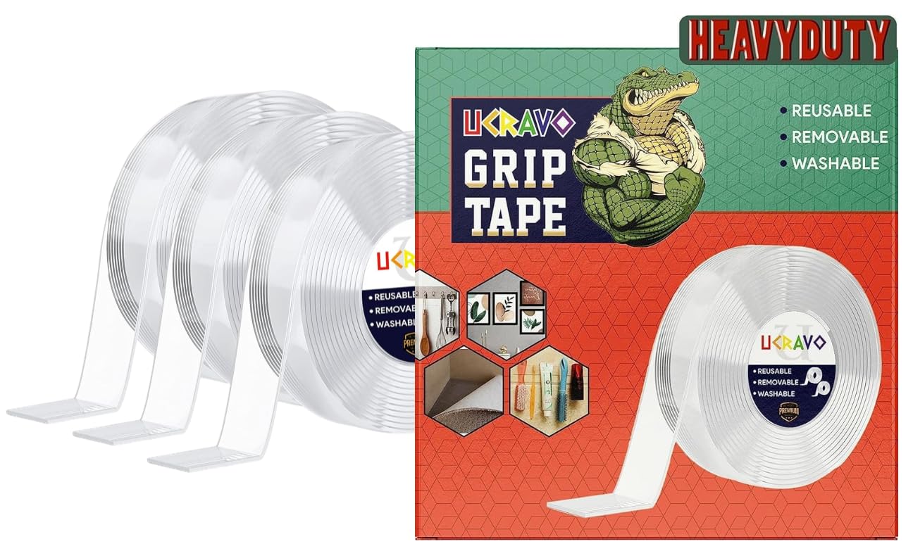 UCRAVO 3PCS Double Sided Tape, Heavy Duty Self Adhesive Tape, Two Side Sticky Pads Strong Wall Adhesive Strips No Marks Reusable Removable Clear Tape for Picture Hanging, Carpet Glue 2mm Thick, 3mtrs