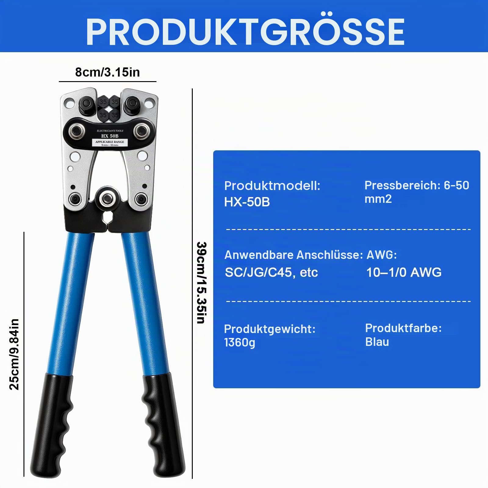 Batteriekabelschuh Crimpzange Set für 10-1/0 AWG (6-50mm²) - Inkl. 60 Kupferringklemmen + 60 Kabelschuhe, 8 Größen - Profi-Crimpwerkzeug für Autobatterie & Elektroinstallation