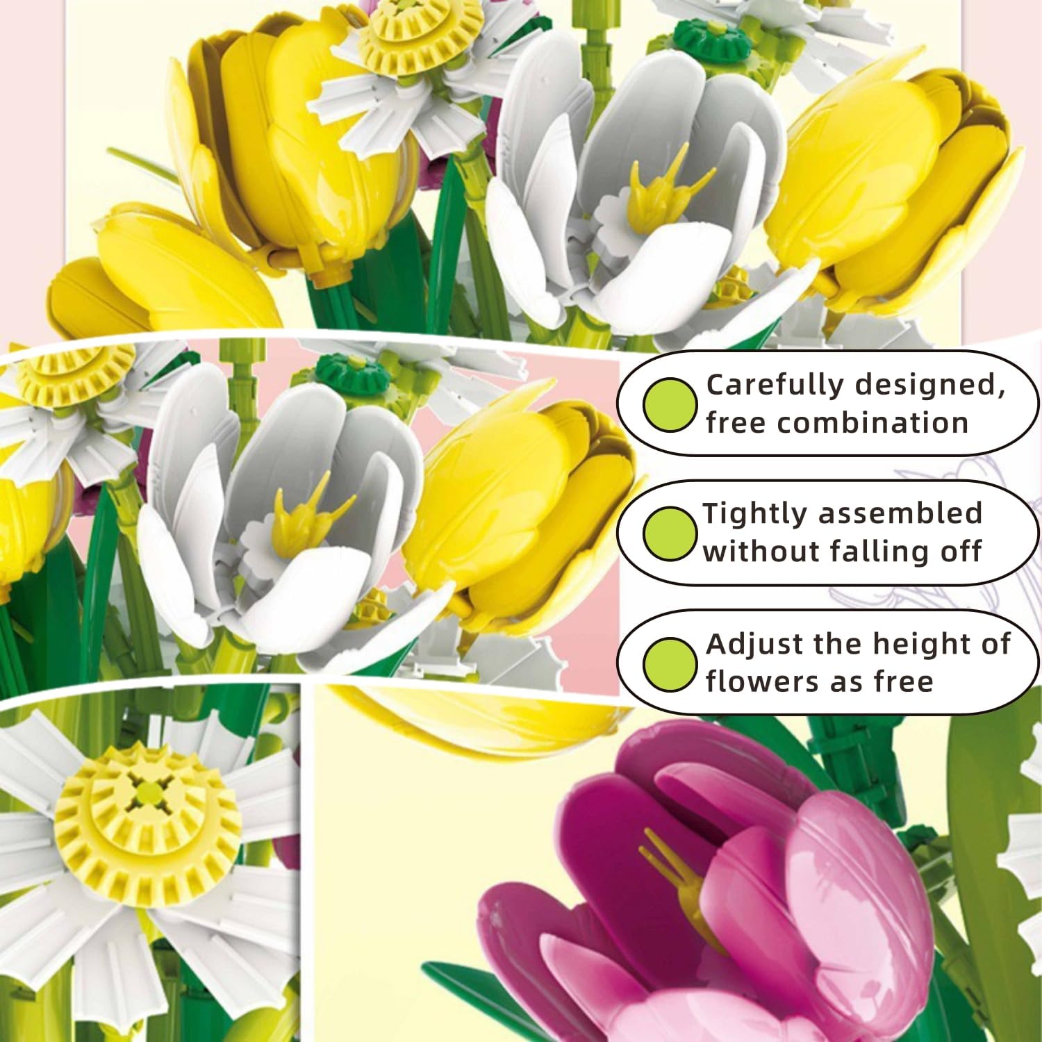 Tulip Flowers Building Kit, DIY Creative Botanical Collection Decor Building Blocks for Home Office, Artificial Tulip Floral Arrangement Display Decoration, Gift Set for Adults