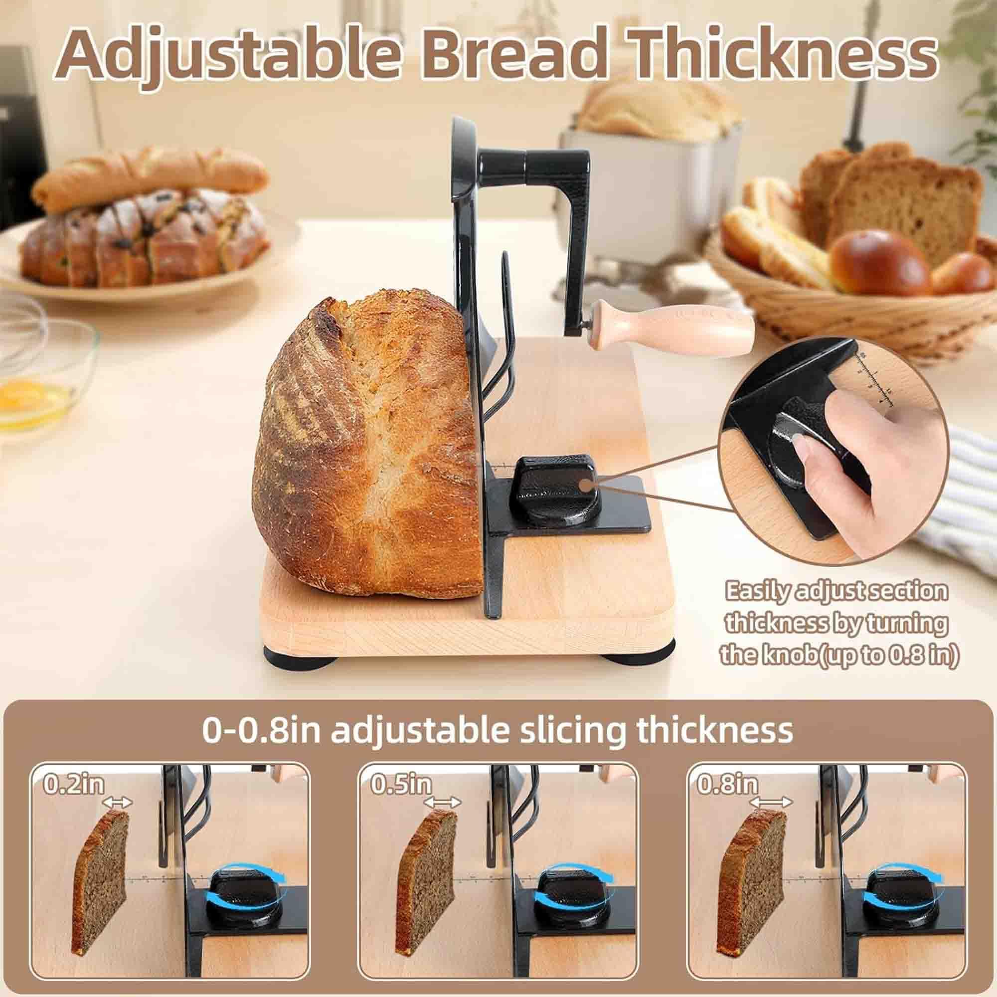 Cortador de pan manual, cortador de masa madre casero con manivela, ancho ajustable, hoja afilada, valla de acero, línea de escala, ideal para hornear en casa