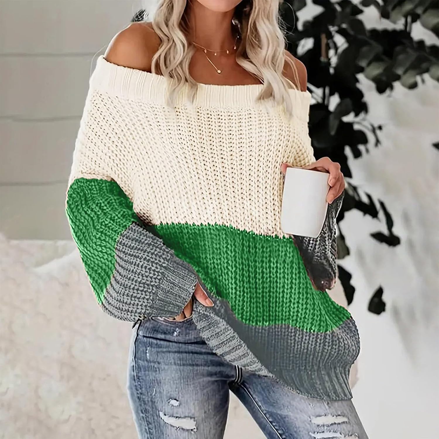 Heevina Sweaters for Women Striped Knitted Knit Off Shoulder Loose Long Sleeve Base Warm Fall Winter Jumpers Sweater