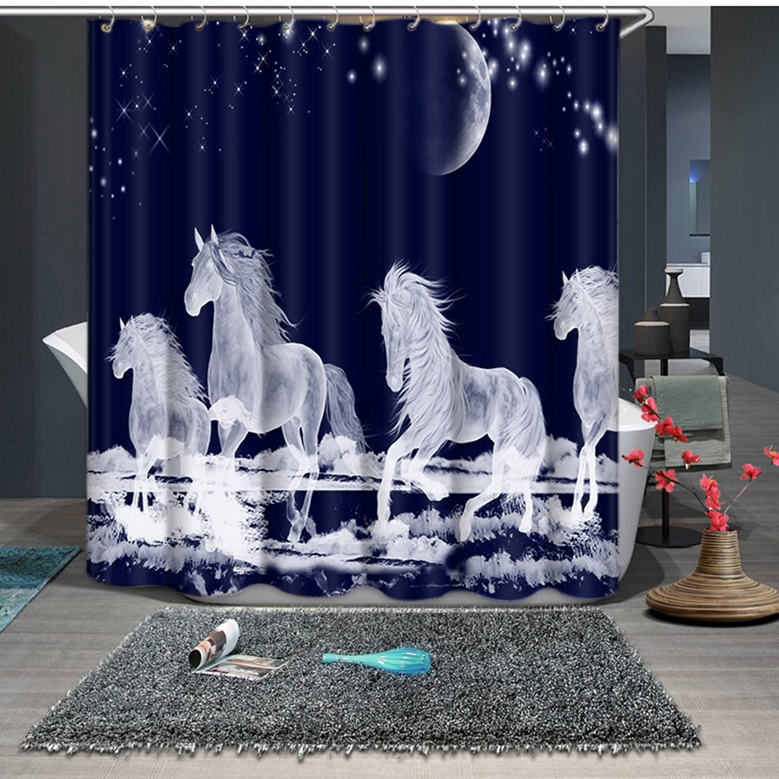 Rideau de douche japonais haut de gamme 200x180cm chevaux bleu et blanc 3D